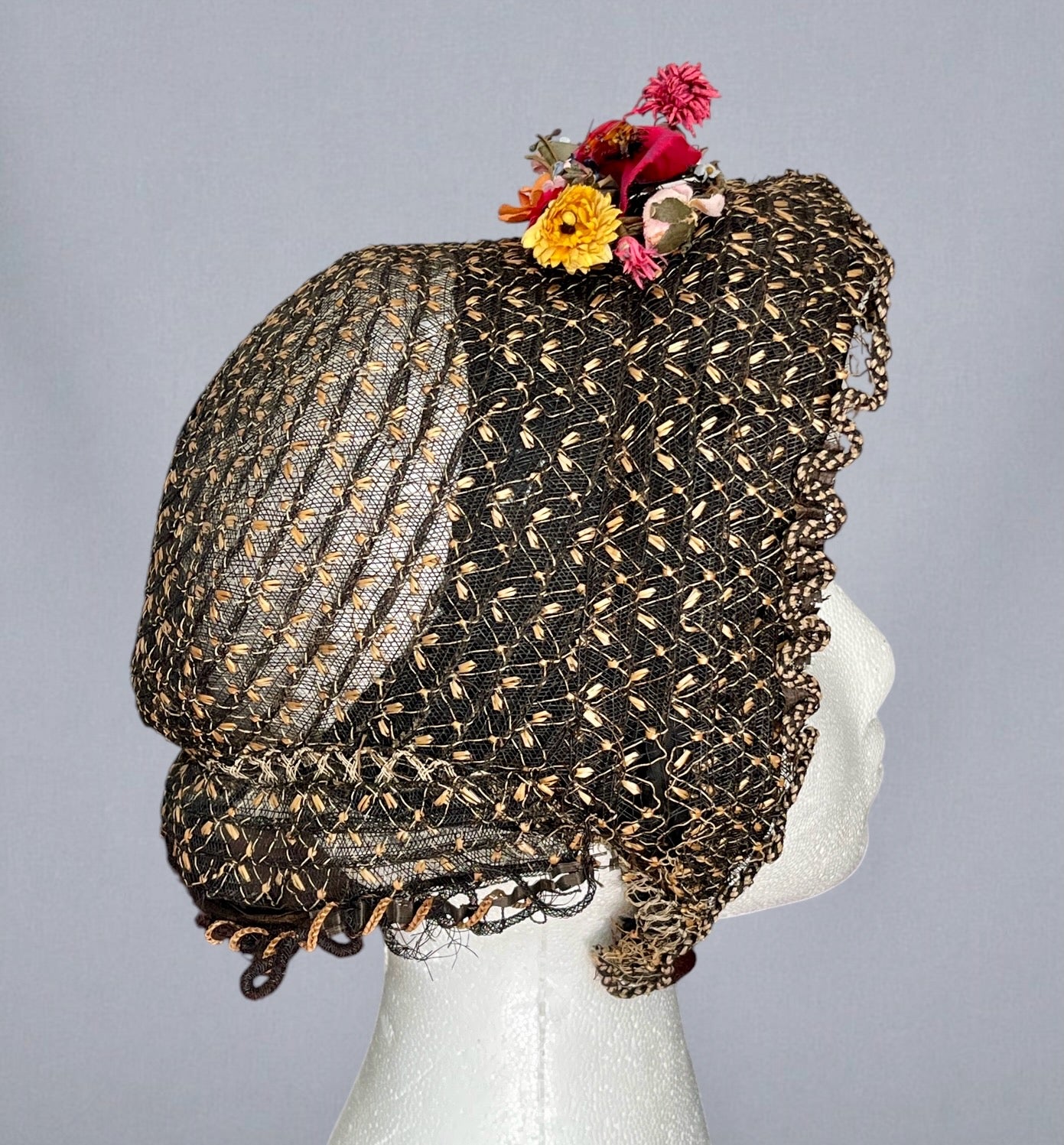 Antique 1860s Victorian Horsehair Bonnet with Gold Straw Flecks & Vibrant Fabric Flowers