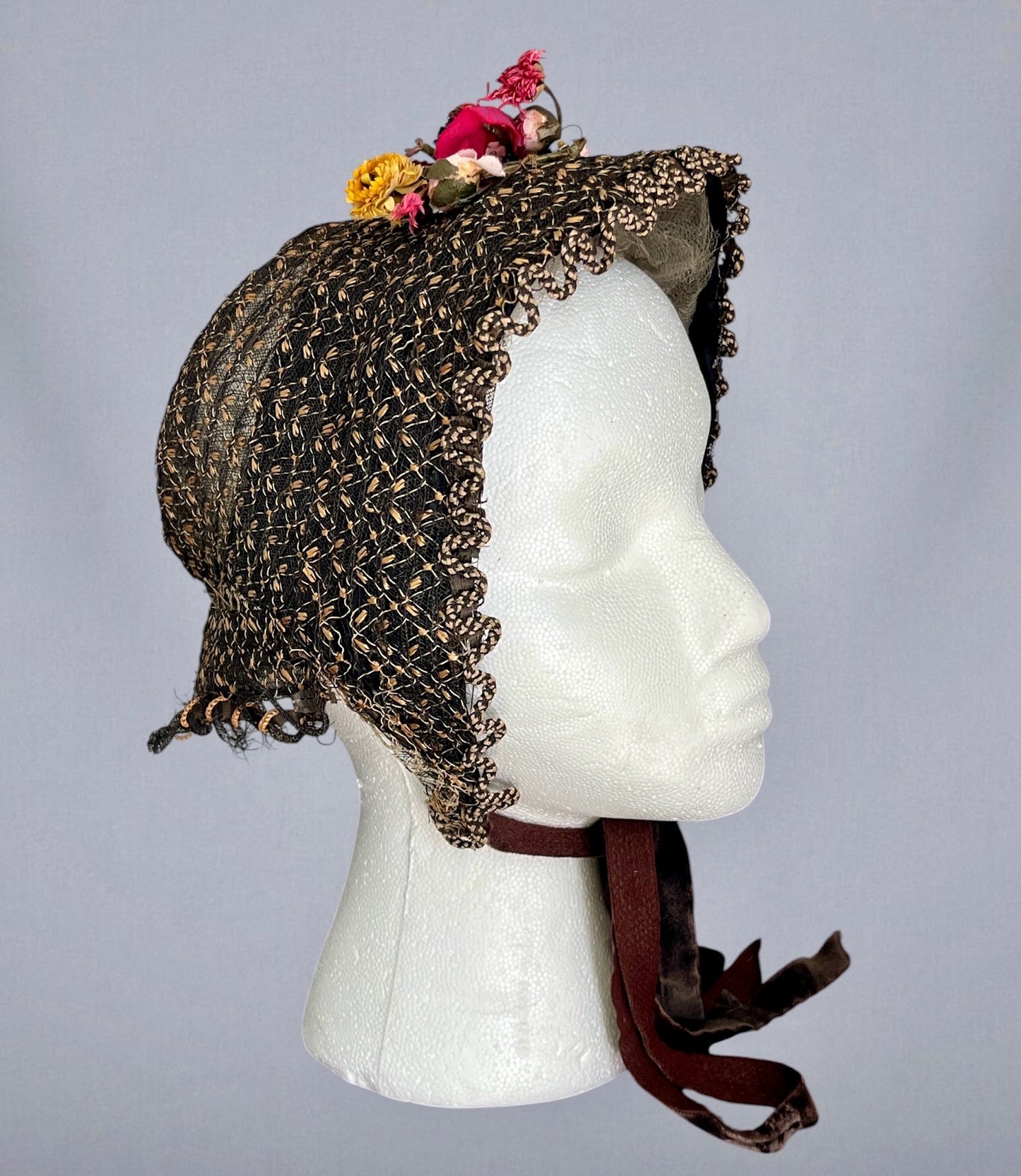 Antique 1860s Victorian Horsehair Bonnet with Gold Straw Flecks & Vibrant Fabric Flowers