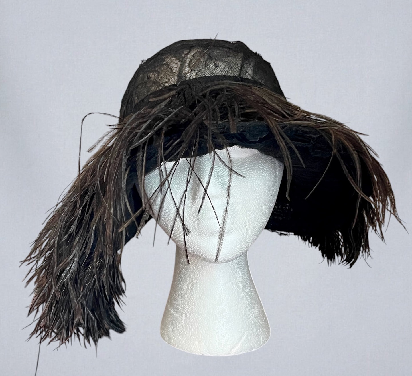 Vintage Late 1920s Black Chantilly Lace Wide Brim Cloche Hat with Ostrich Feathers