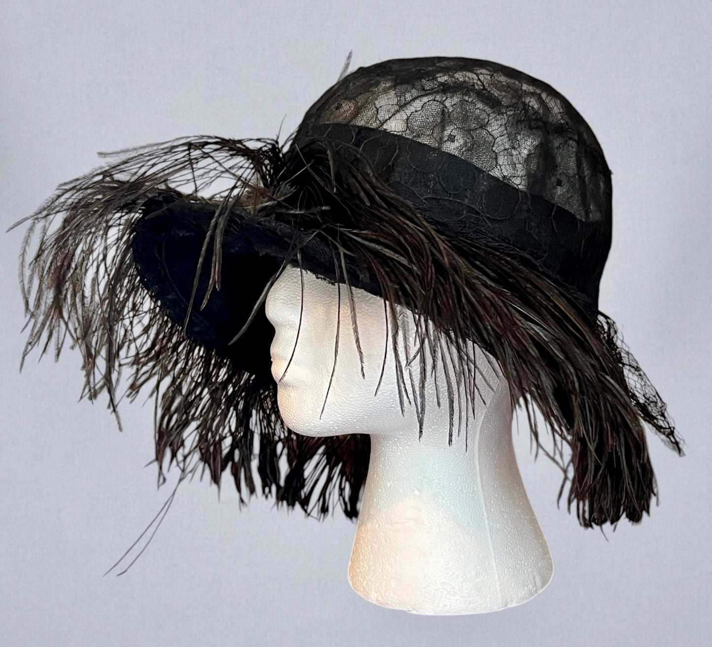 Vintage Late 1920s Black Chantilly Lace Wide Brim Cloche Hat with Ostrich Feathers