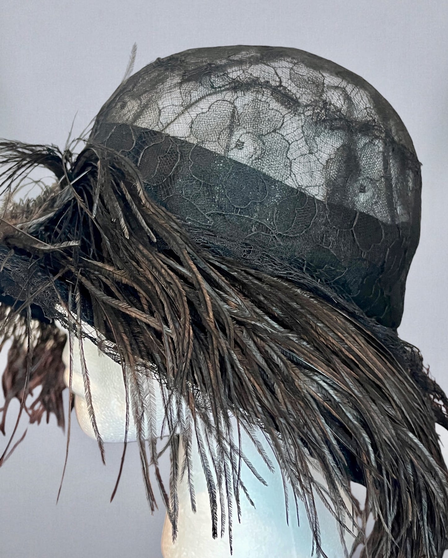 Vintage Late 1920s Black Chantilly Lace Wide Brim Cloche Hat with Ostrich Feathers