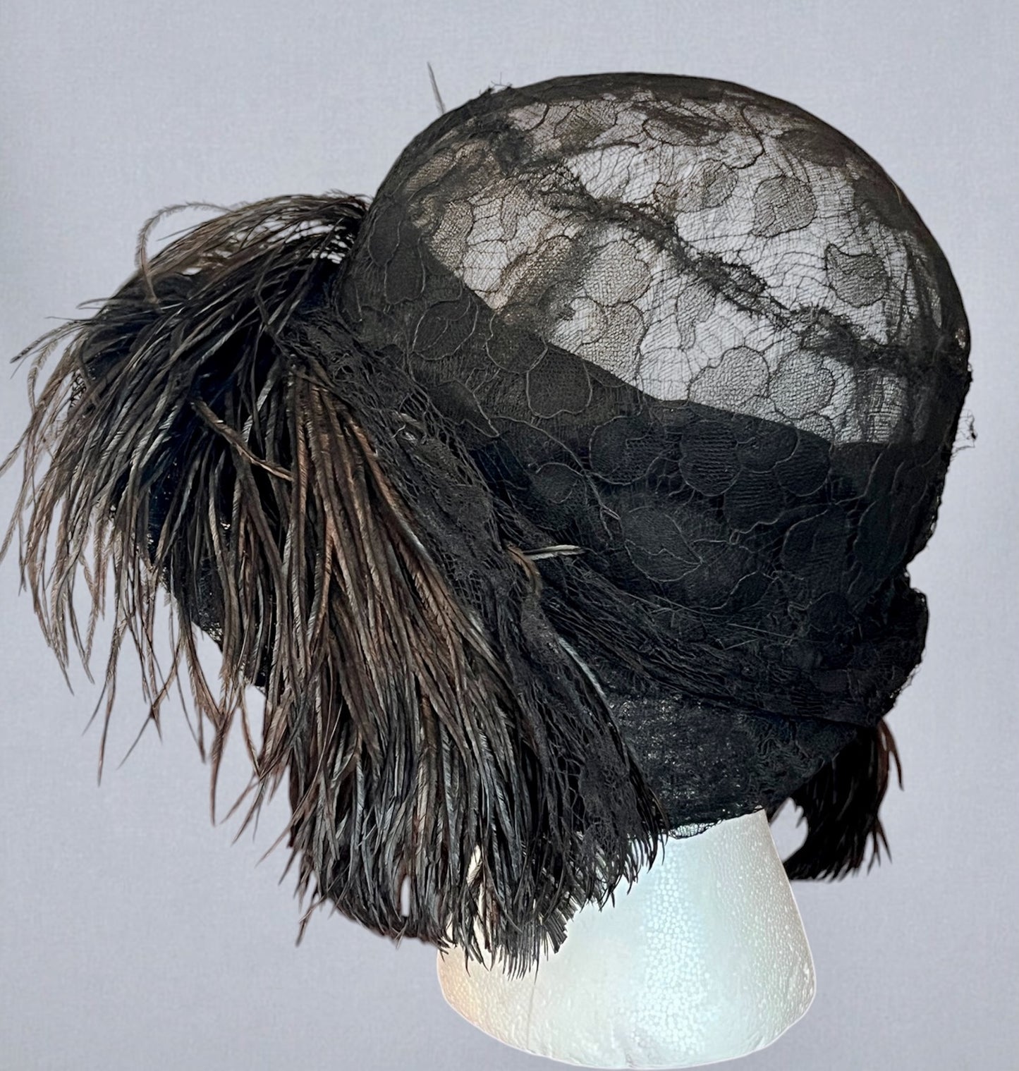 Vintage Late 1920s Black Chantilly Lace Wide Brim Cloche Hat with Ostrich Feathers
