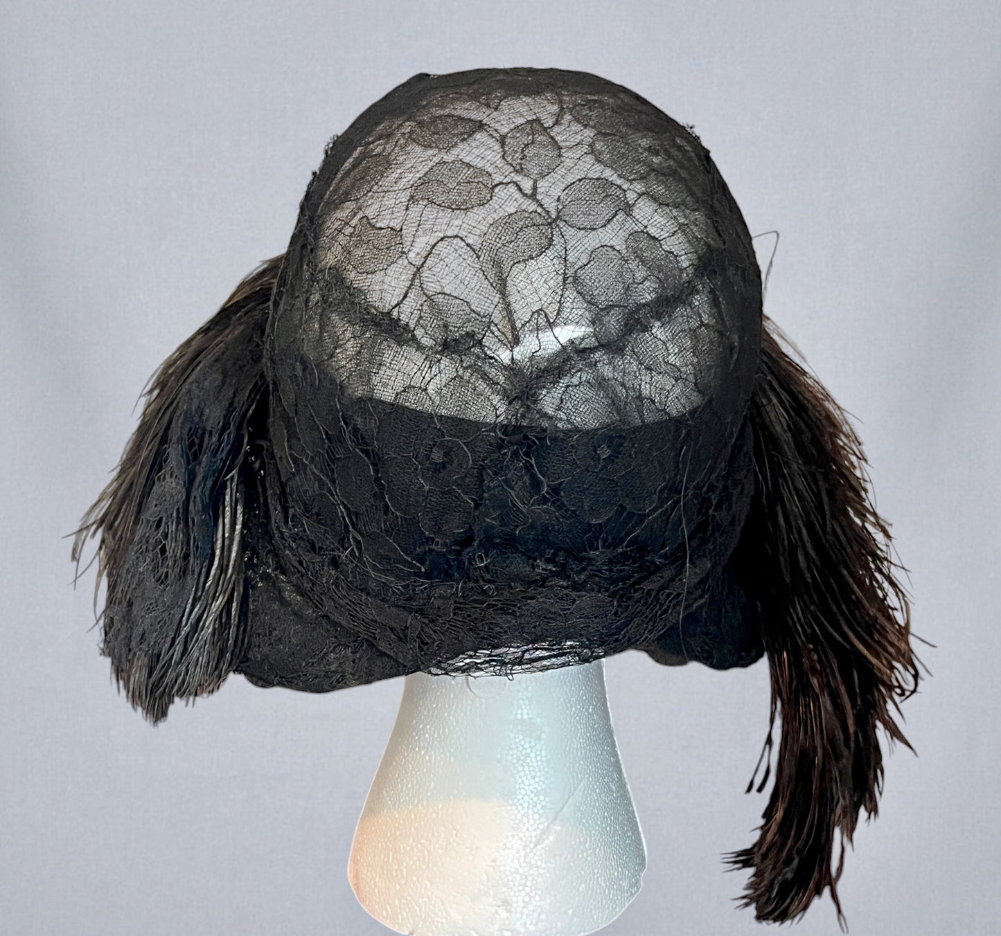 Vintage Late 1920s Black Chantilly Lace Wide Brim Cloche Hat with Ostrich Feathers