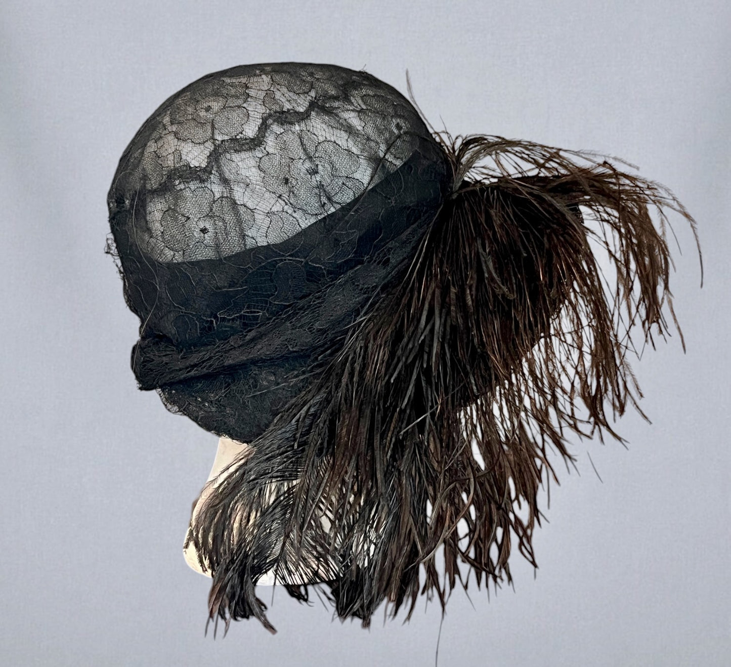 Vintage Late 1920s Black Chantilly Lace Wide Brim Cloche Hat with Ostrich Feathers