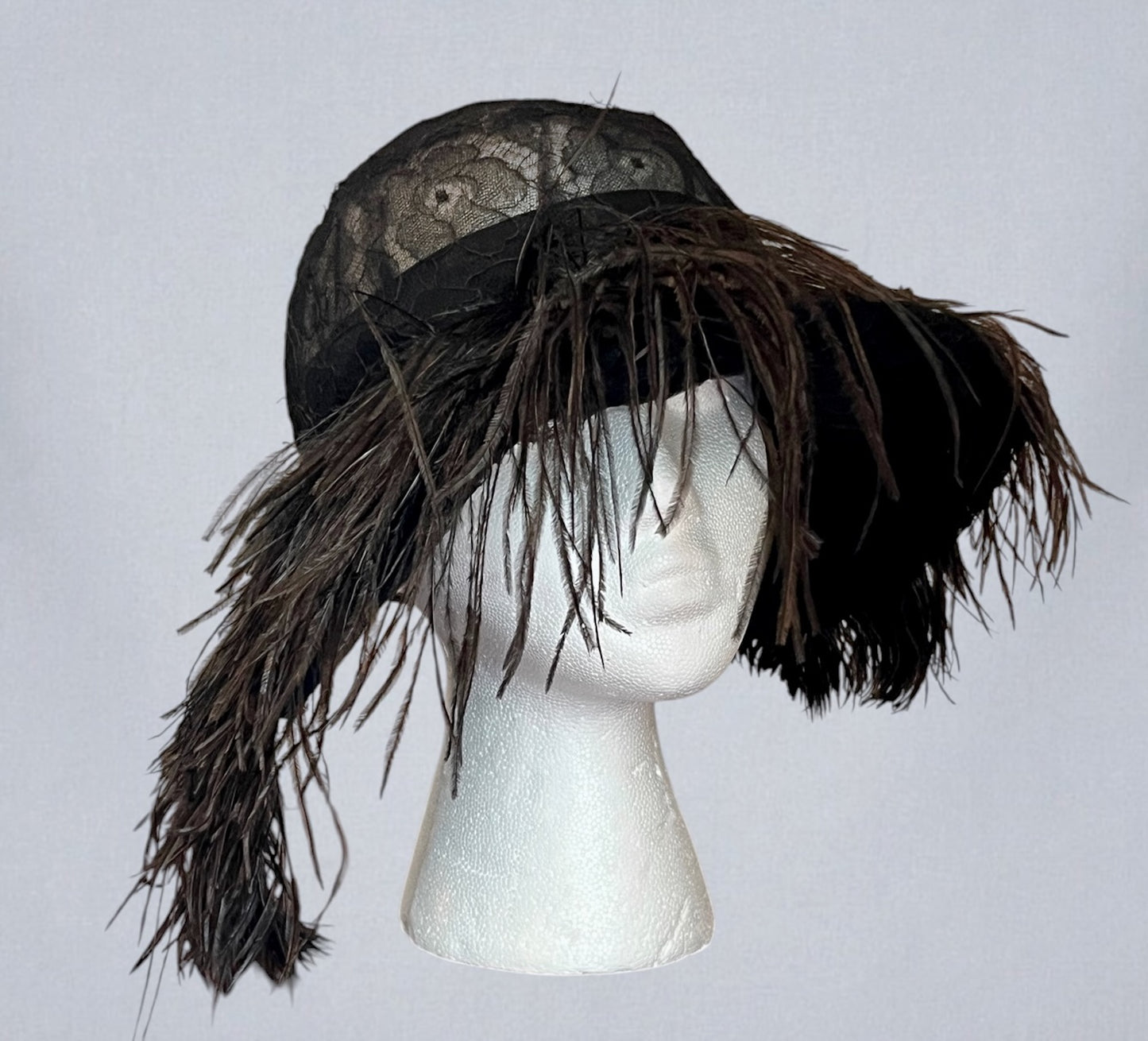 Vintage Late 1920s Black Chantilly Lace Wide Brim Cloche Hat with Ostrich Feathers