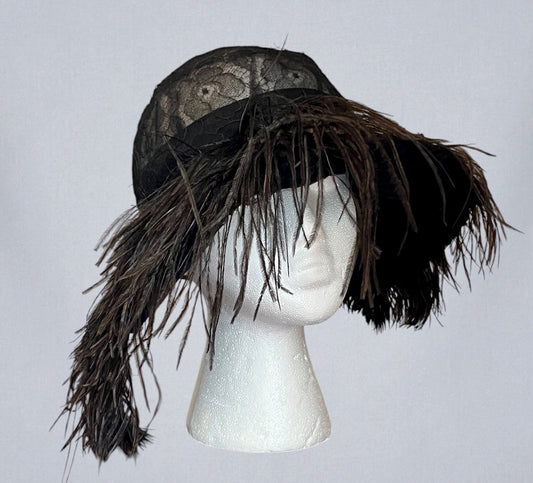 Vintage Late 1920s Black Chantilly Lace Wide Brim Cloche Hat with Ostrich Feathers