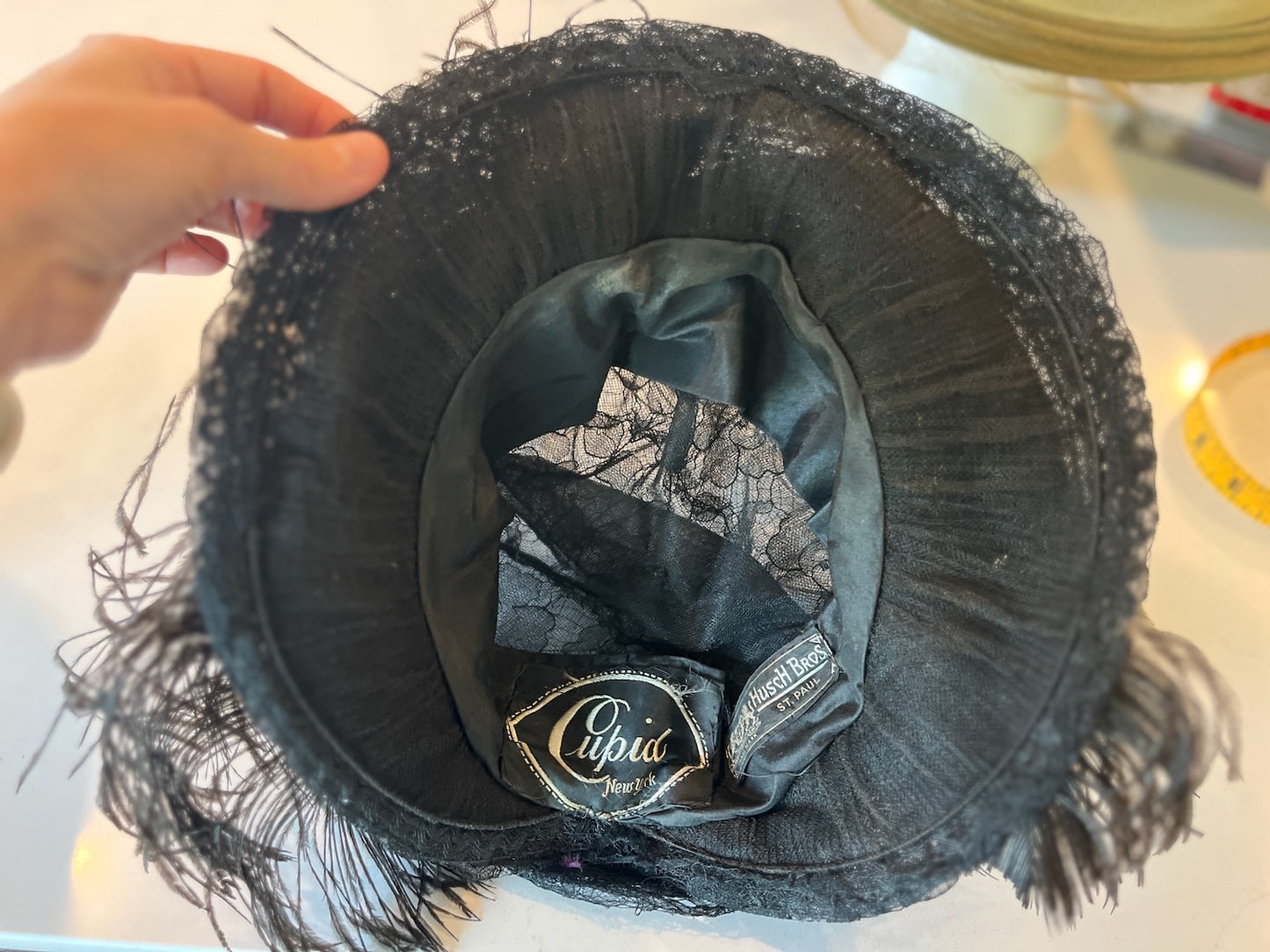 Vintage Late 1920s Black Chantilly Lace Wide Brim Cloche Hat with Ostrich Feathers