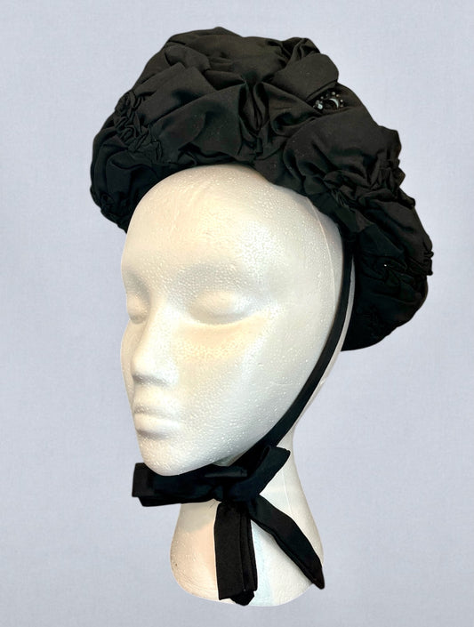 Antique Victorian Black Silk Draped Perch Bonnet Hat with Feather Spray & Jet Ornament, c. 1895–1905
