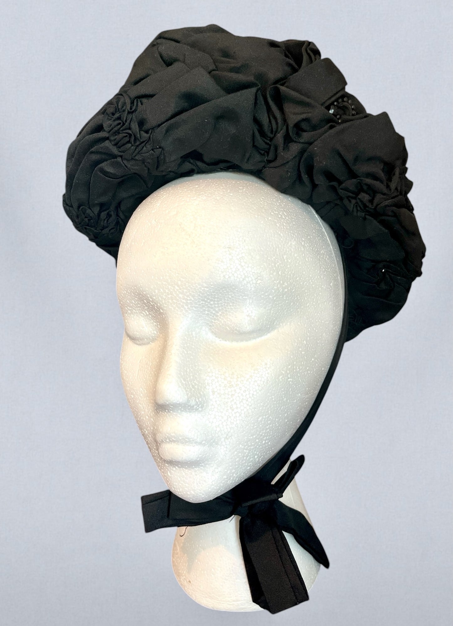 Antique Victorian Black Silk Draped Perch Bonnet Hat with Feather Spray & Jet Ornament, c. 1895–1905