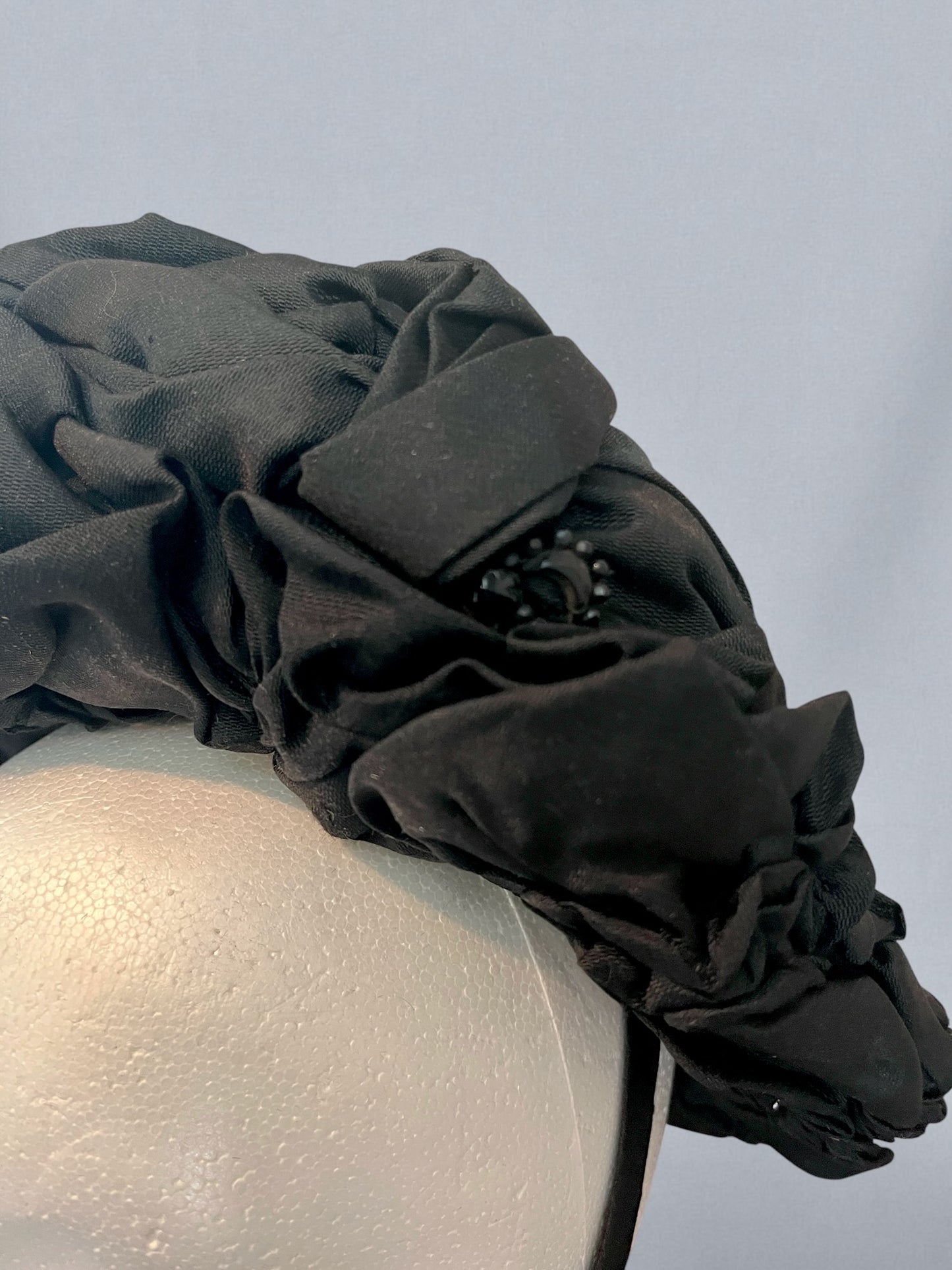 Antique Victorian Black Silk Draped Perch Bonnet Hat with Feather Spray & Jet Ornament, c. 1895–1905