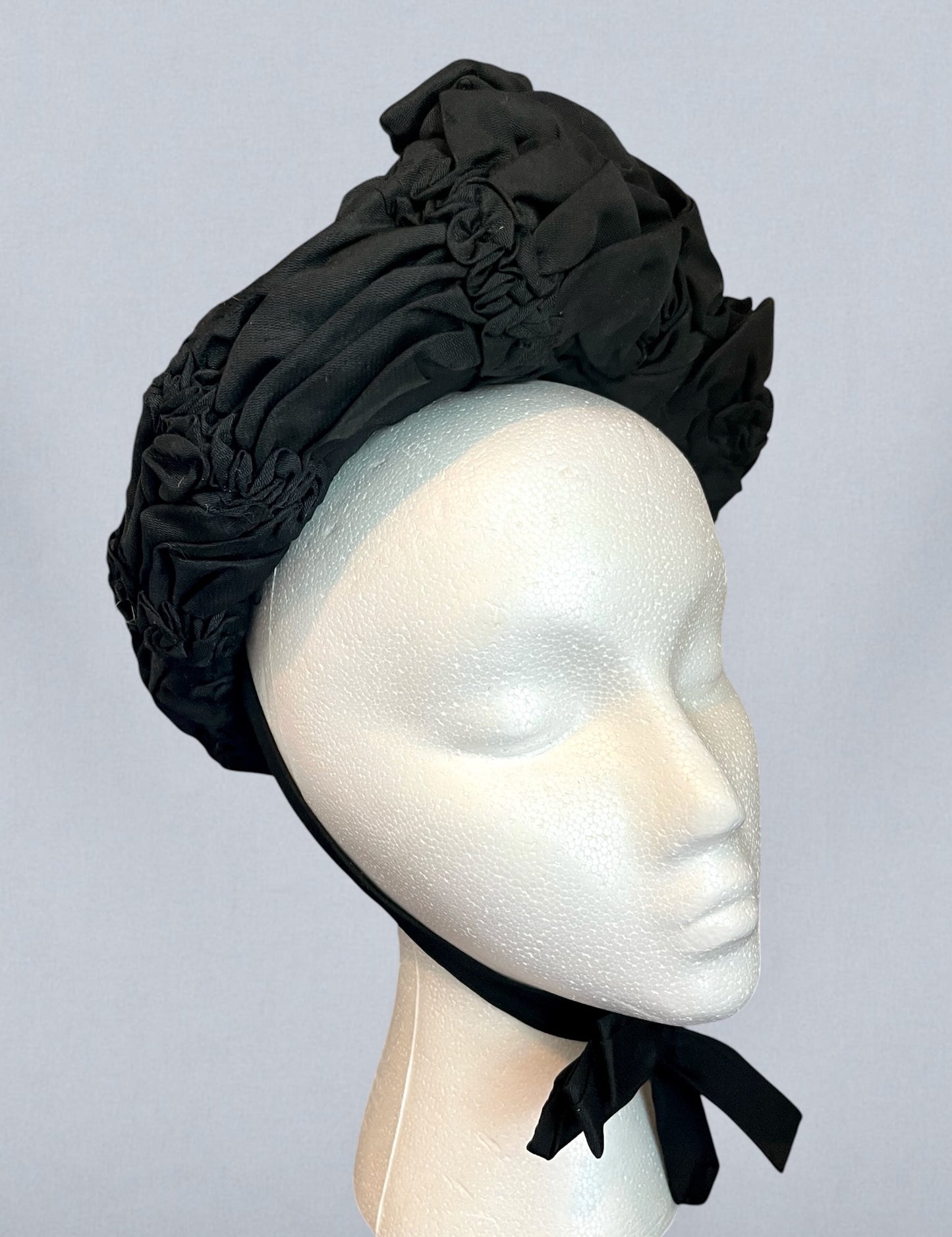Antique Victorian Black Silk Draped Perch Bonnet Hat with Feather Spray & Jet Ornament, c. 1895–1905