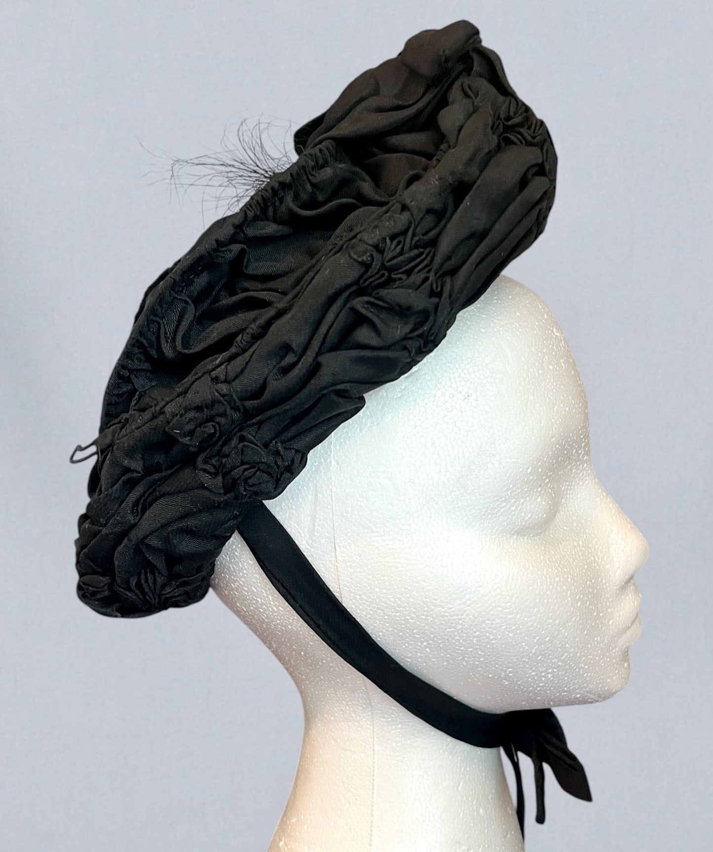 Antique Victorian Black Silk Draped Perch Bonnet Hat with Feather Spray & Jet Ornament, c. 1895–1905