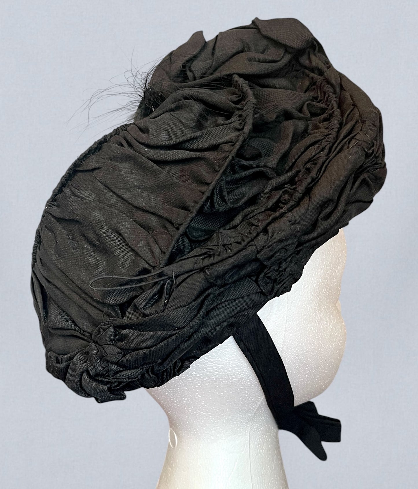 Antique Victorian Black Silk Draped Perch Bonnet Hat with Feather Spray & Jet Ornament, c. 1895–1905