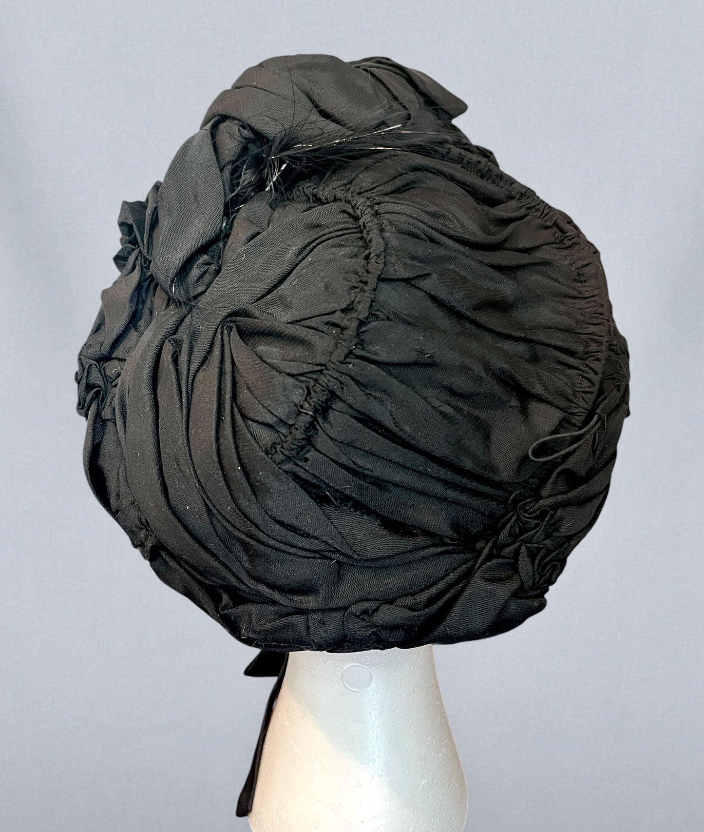 Antique Victorian Black Silk Draped Perch Bonnet Hat with Feather Spray & Jet Ornament, c. 1895–1905
