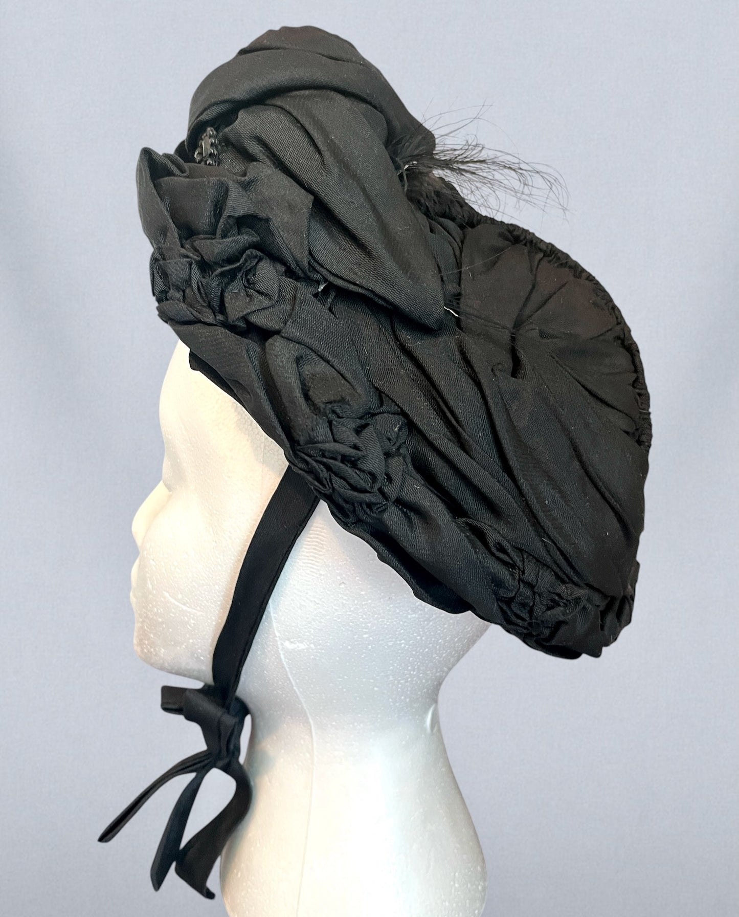 Antique Victorian Black Silk Draped Perch Bonnet Hat with Feather Spray & Jet Ornament, c. 1895–1905