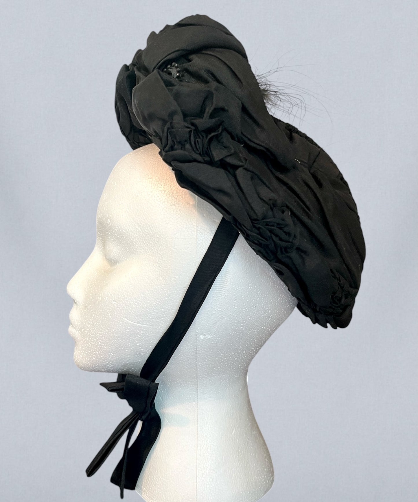 Antique Victorian Black Silk Draped Perch Bonnet Hat with Feather Spray & Jet Ornament, c. 1895–1905