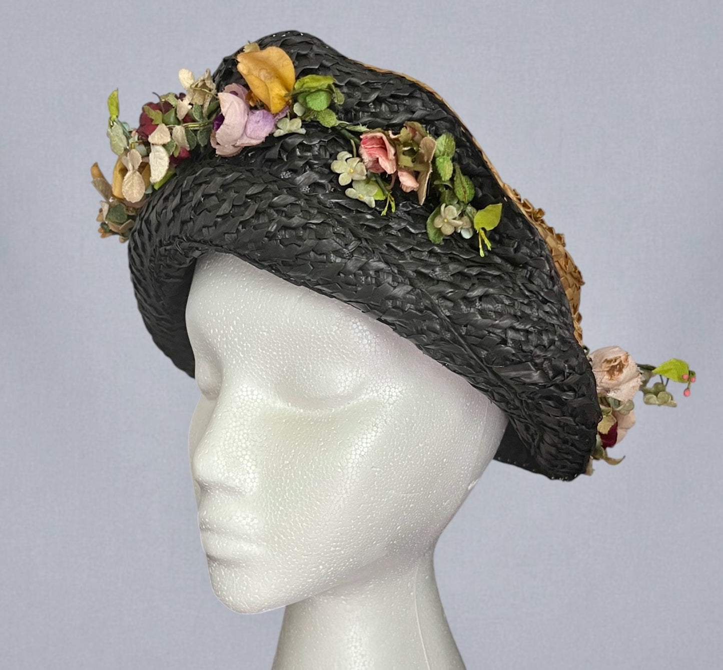 Antique 1910s Black & Natural Straw Turned-Up Brim Hat with Fabric Flowers