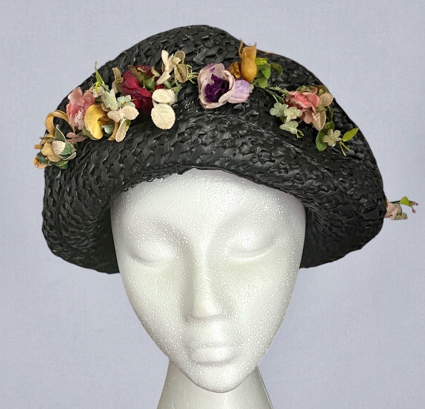 Antique 1910s Black & Natural Straw Turned-Up Brim Hat with Fabric Flowers