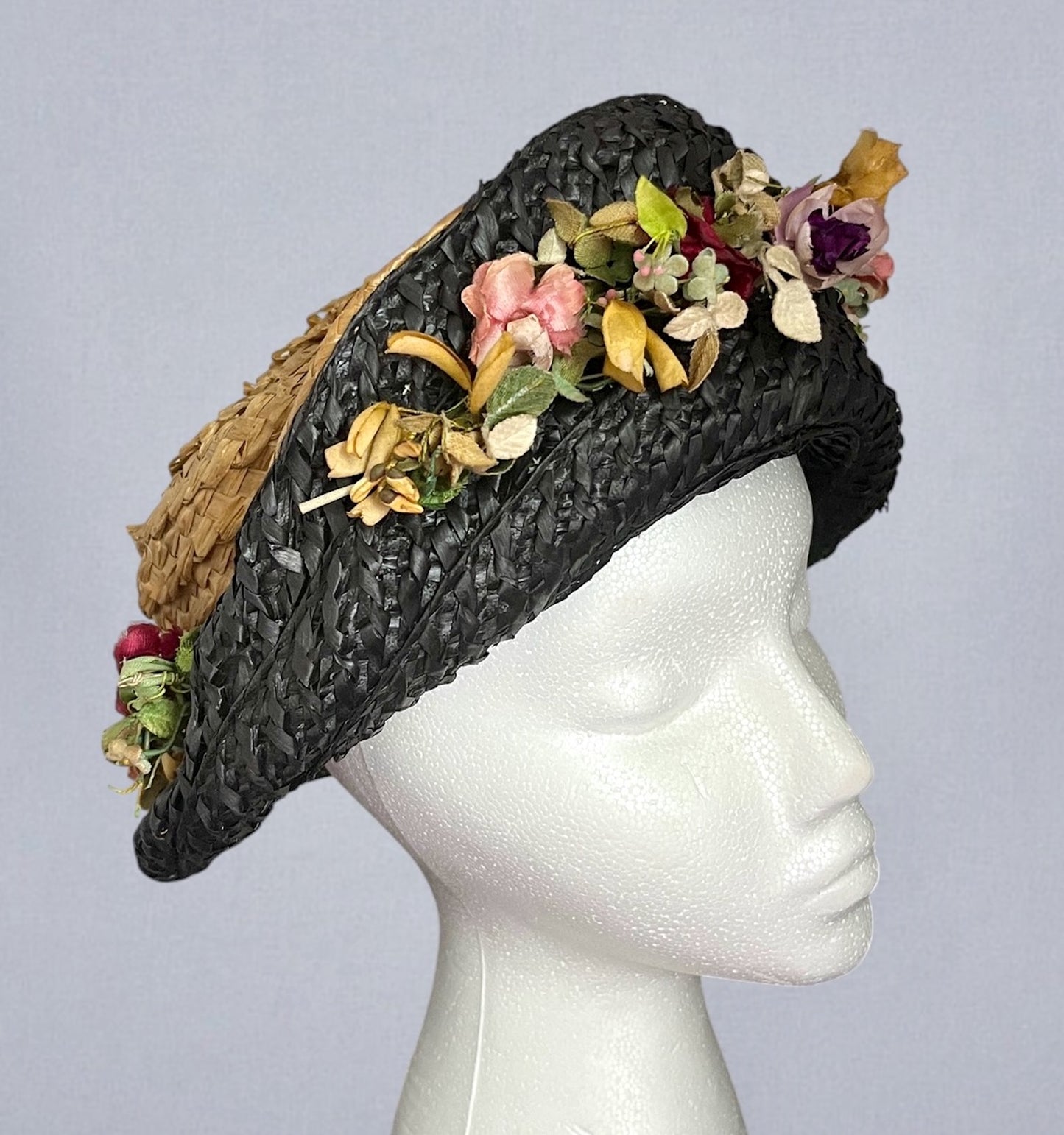 Antique 1910s Black & Natural Straw Turned-Up Brim Hat with Fabric Flowers