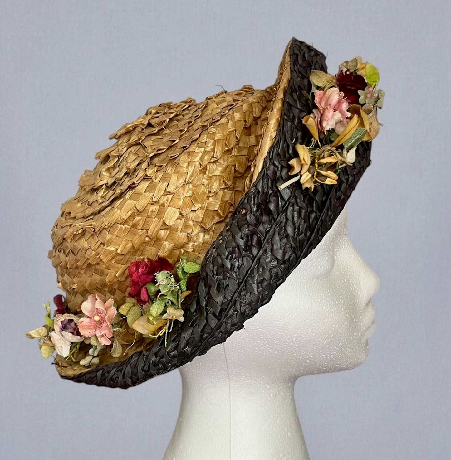 Antique 1910s Black & Natural Straw Turned-Up Brim Hat with Fabric Flowers