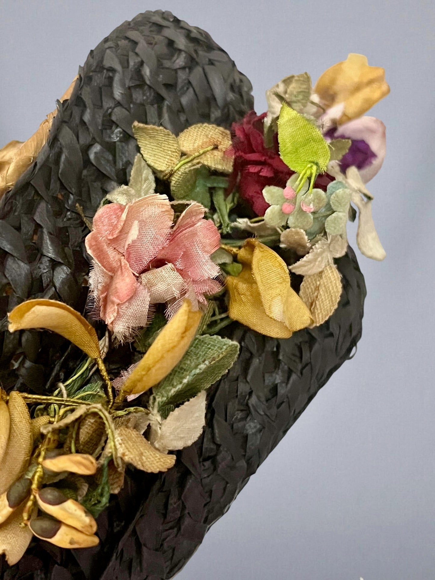 Antique 1910s Black & Natural Straw Turned-Up Brim Hat with Fabric Flowers