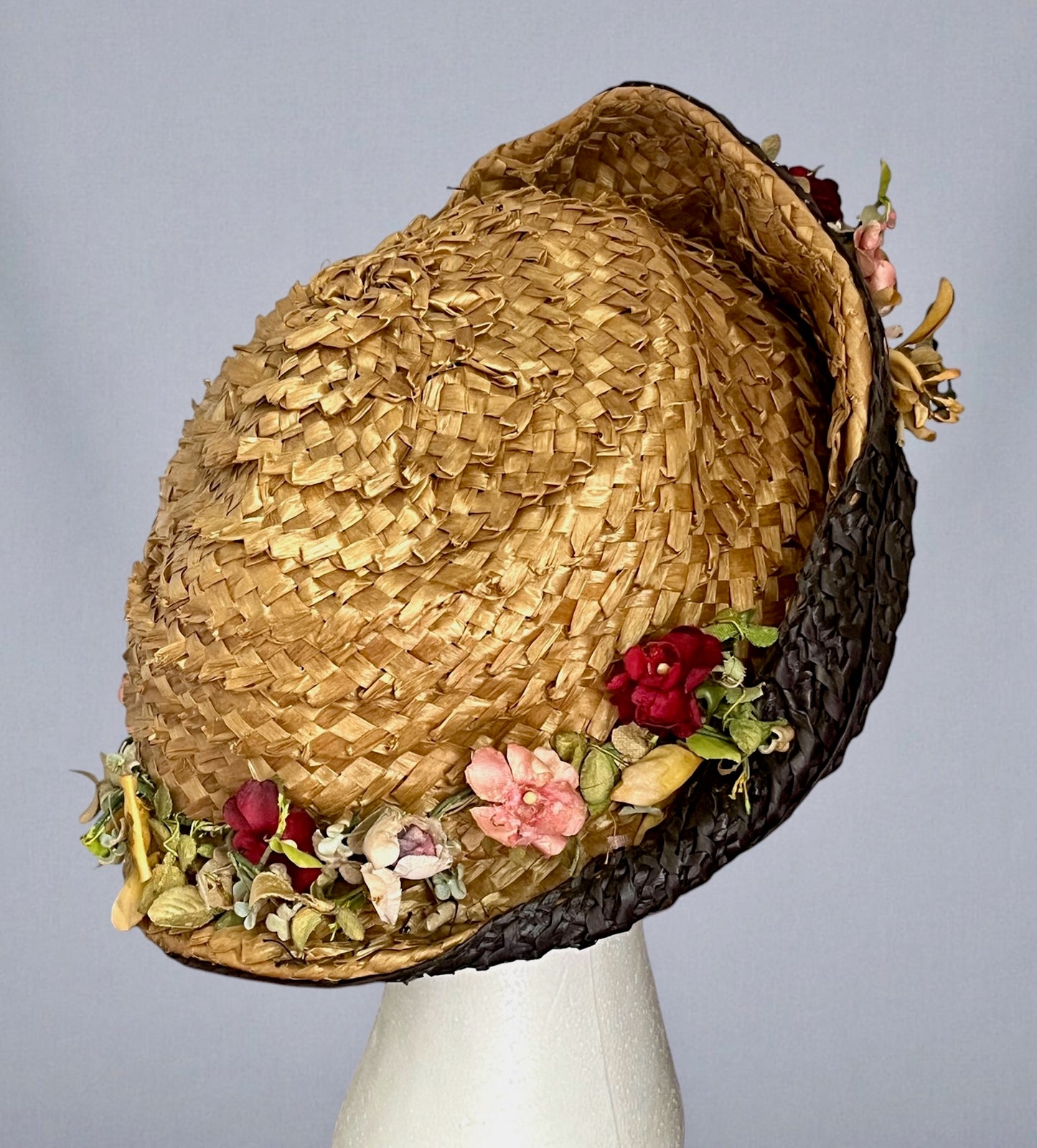 Antique 1910s Black & Natural Straw Turned-Up Brim Hat with Fabric Flowers