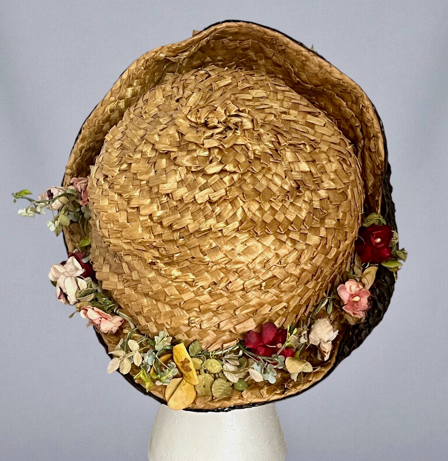 Antique 1910s Black & Natural Straw Turned-Up Brim Hat with Fabric Flowers