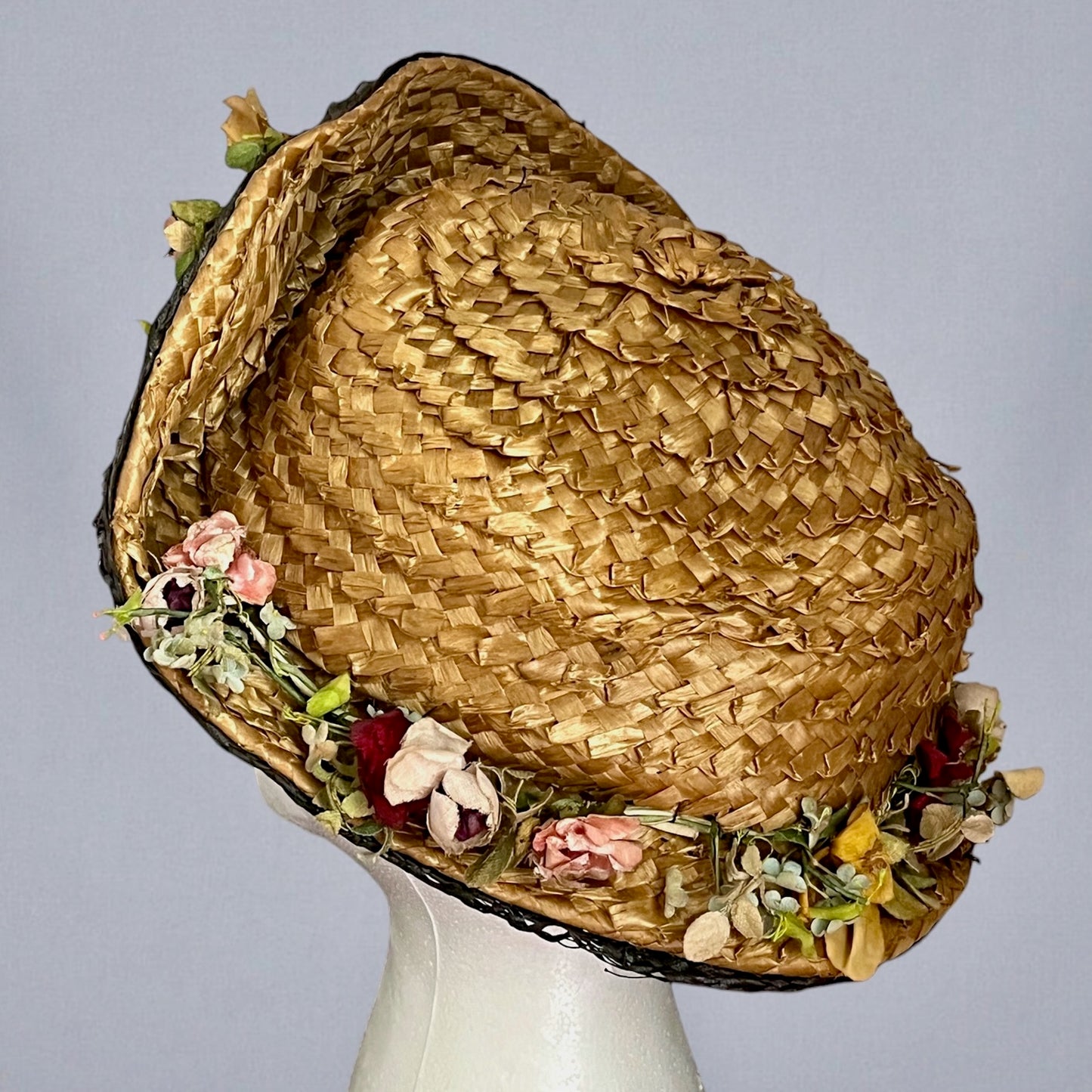 Antique 1910s Black & Natural Straw Turned-Up Brim Hat with Fabric Flowers