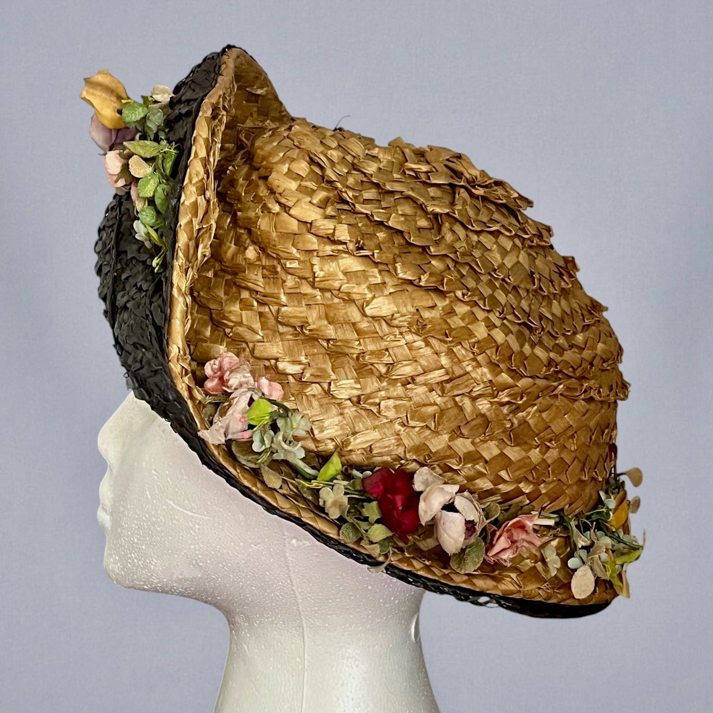Antique 1910s Black & Natural Straw Turned-Up Brim Hat with Fabric Flowers