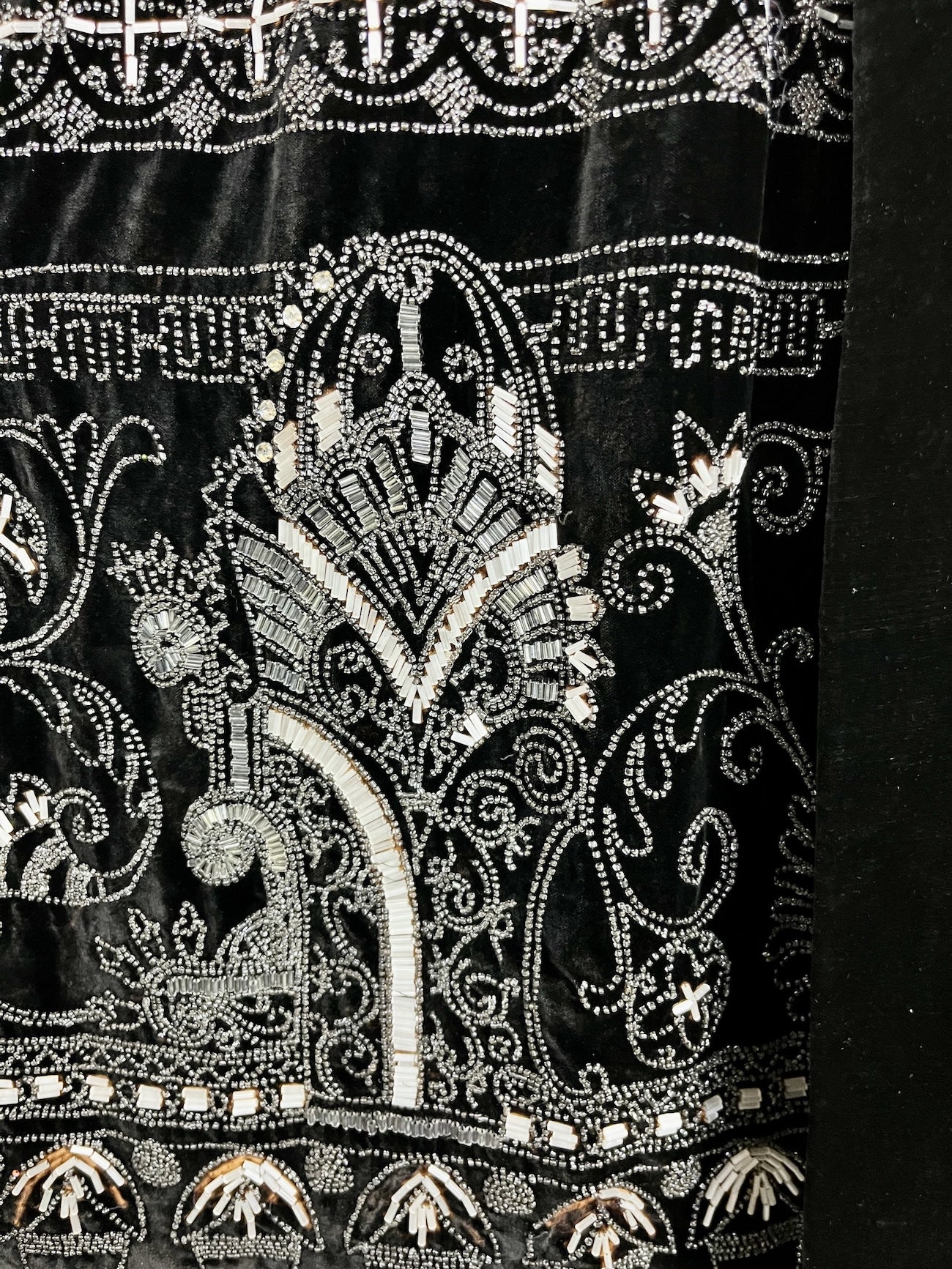 Exceptional Antique 1920s Black Velvet Dress with Silver Beadwork & Geometric Motifs, M - L