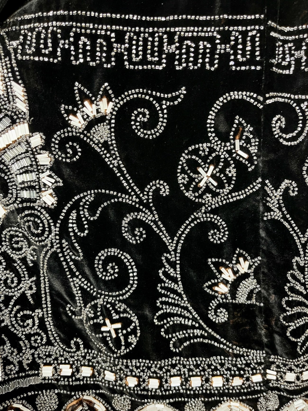 Exceptional Antique 1920s Black Velvet Dress with Silver Beadwork & Geometric Motifs, M - L