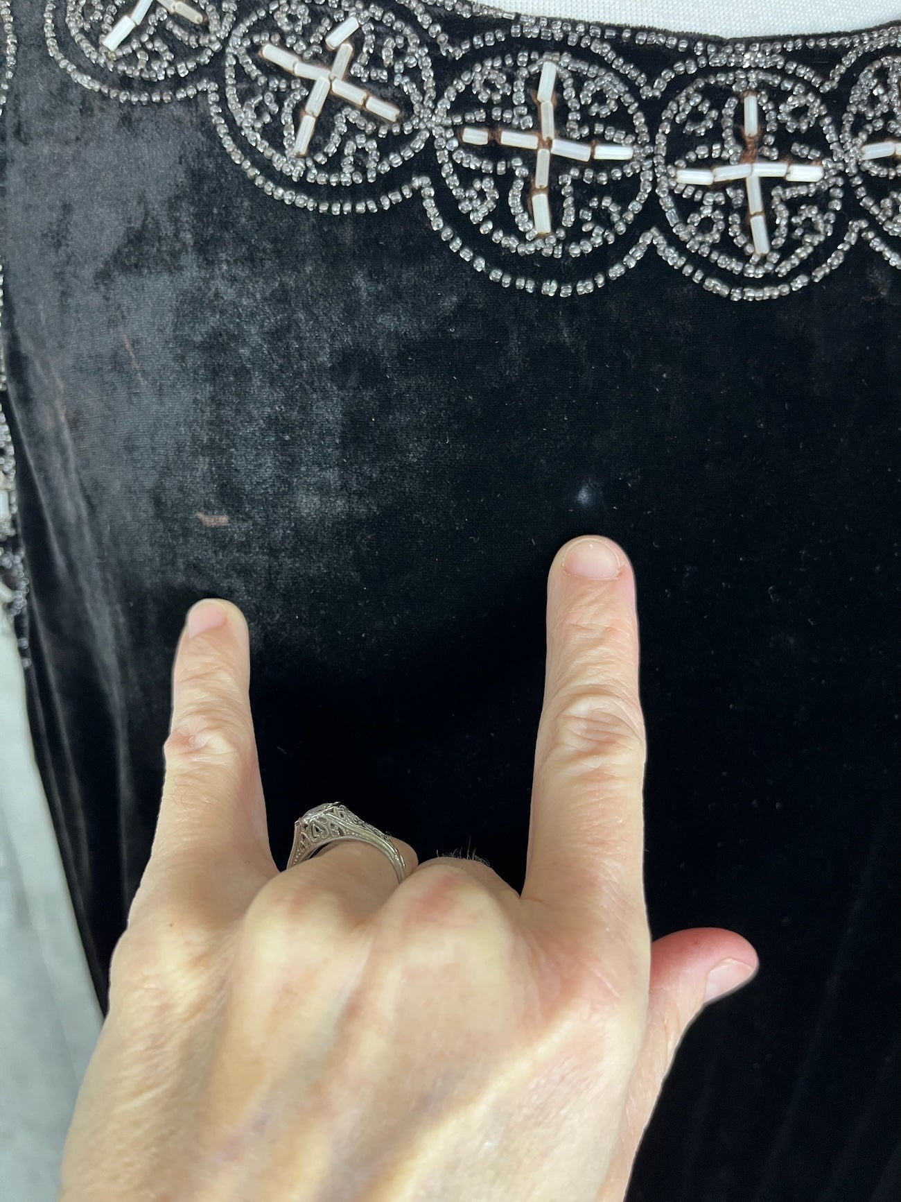 Exceptional Antique 1920s Black Velvet Dress with Silver Beadwork & Geometric Motifs, M - L