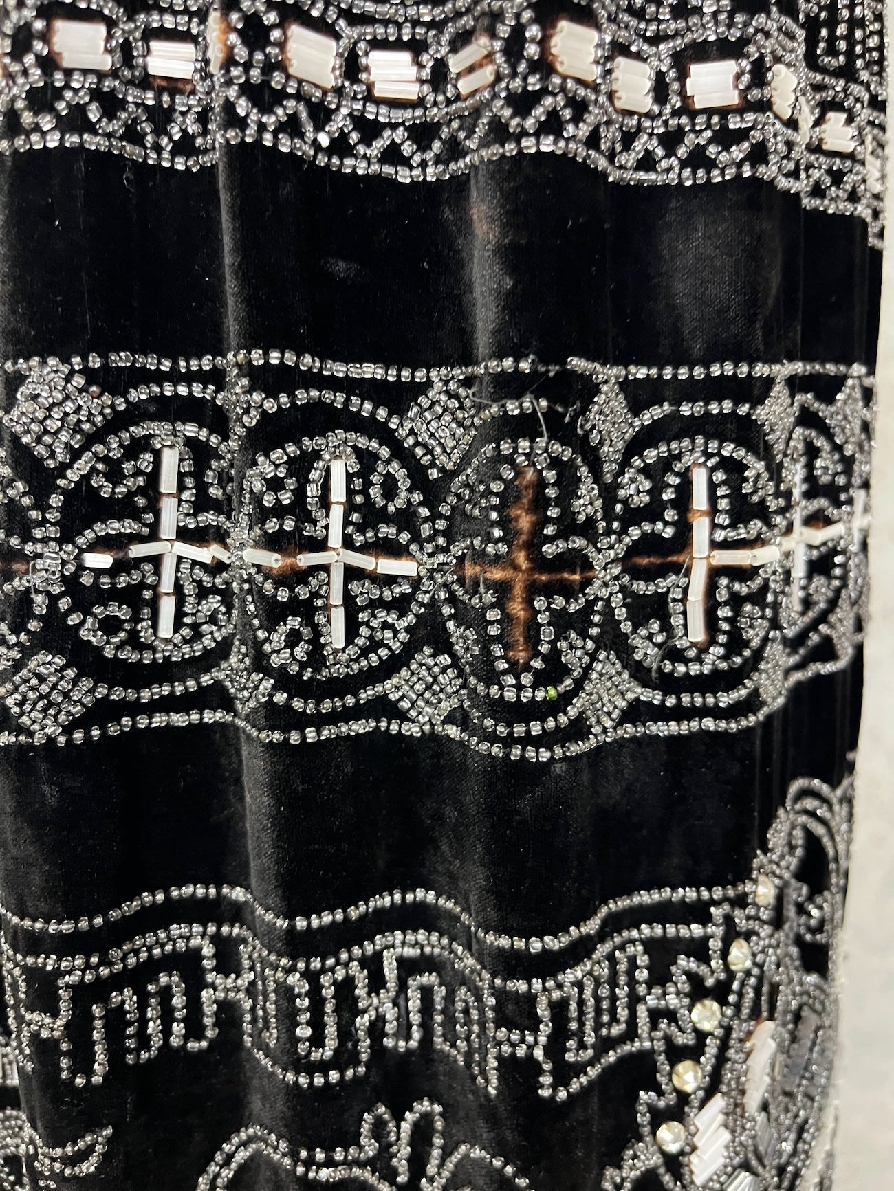 Exceptional Antique 1920s Black Velvet Dress with Silver Beadwork & Geometric Motifs, M - L