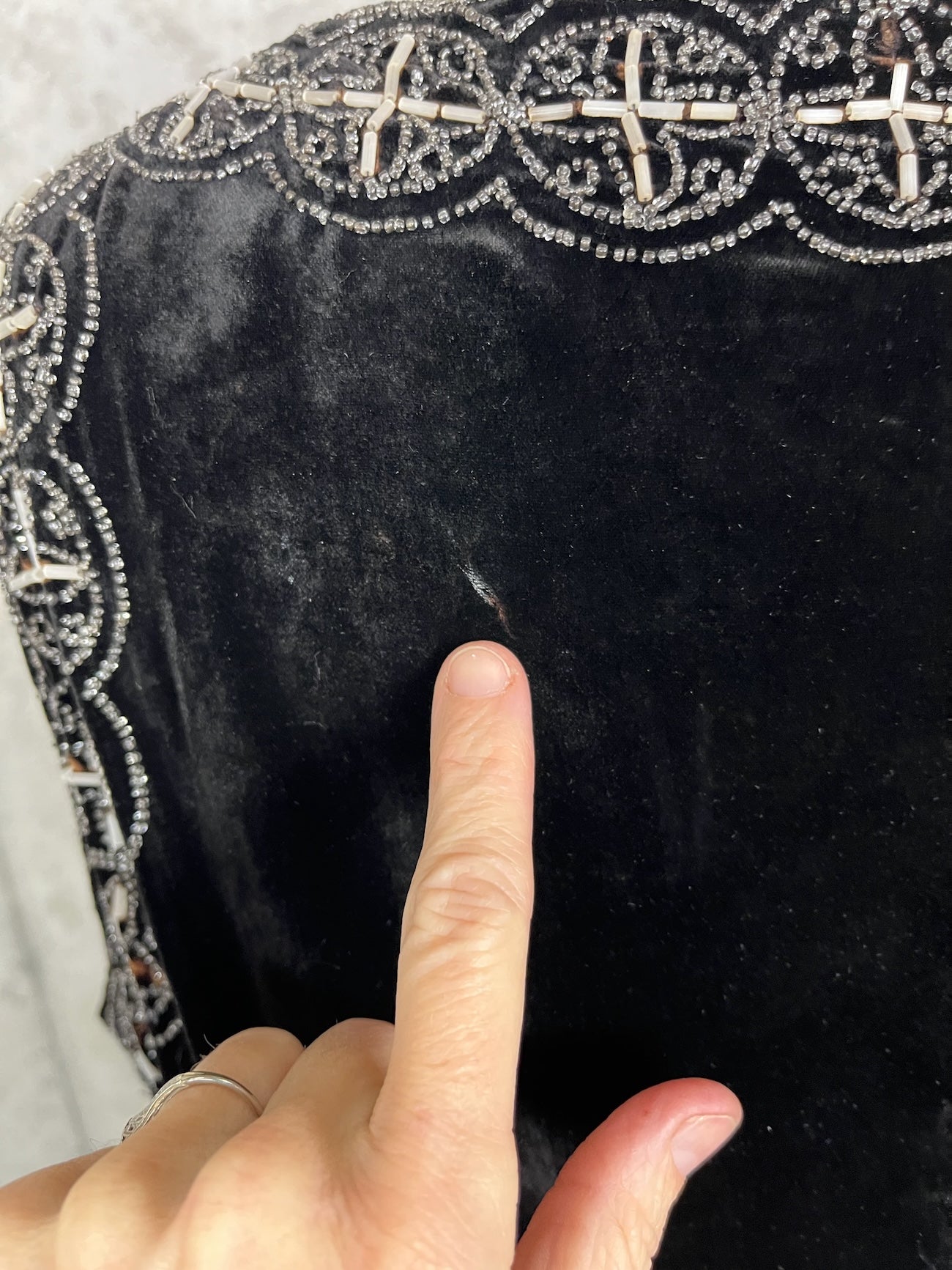 Exceptional Antique 1920s Black Velvet Dress with Silver Beadwork & Geometric Motifs, M - L