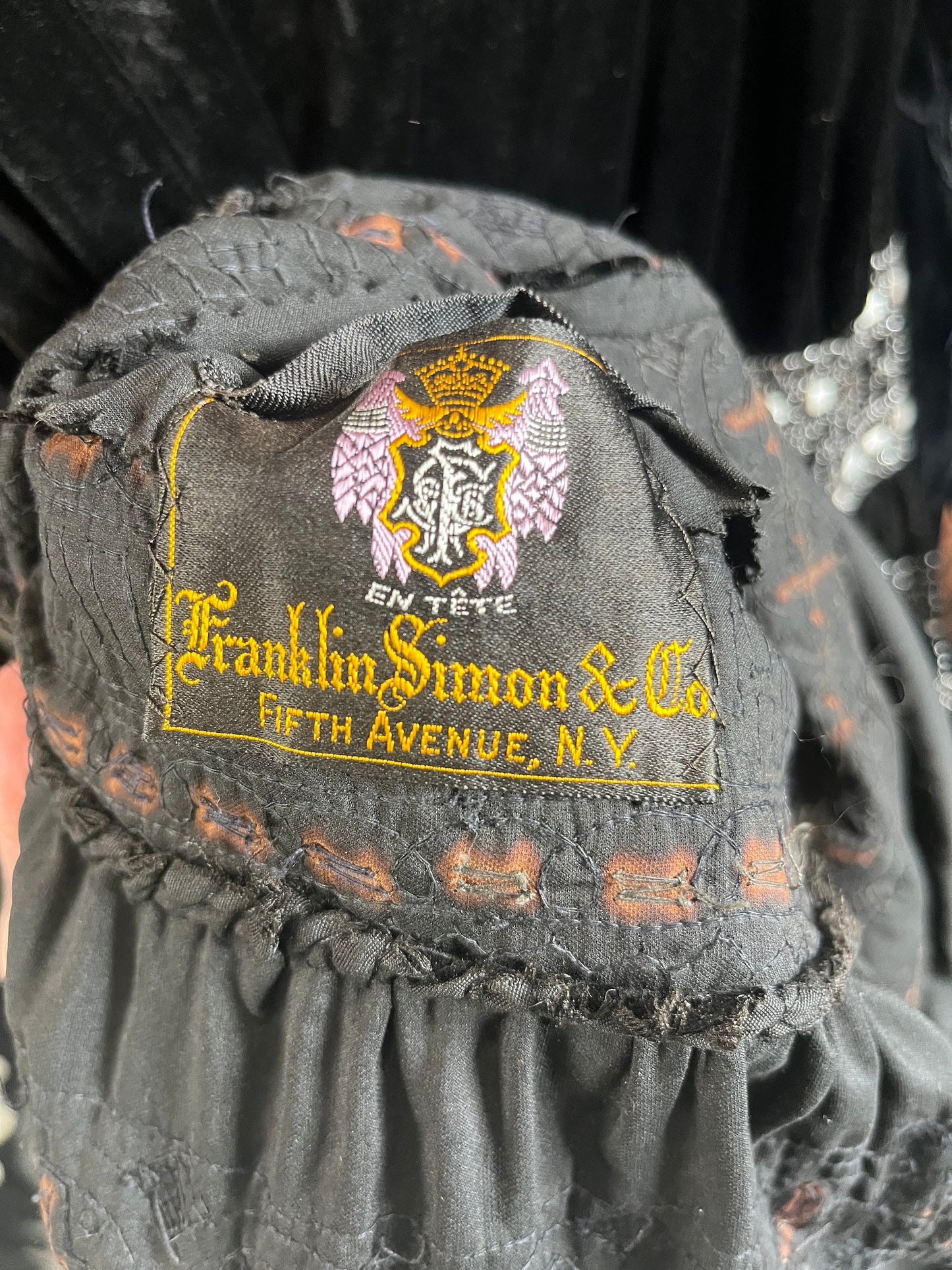 Exceptional Antique 1920s Black Velvet Dress with Silver Beadwork & Geometric Motifs, M - L