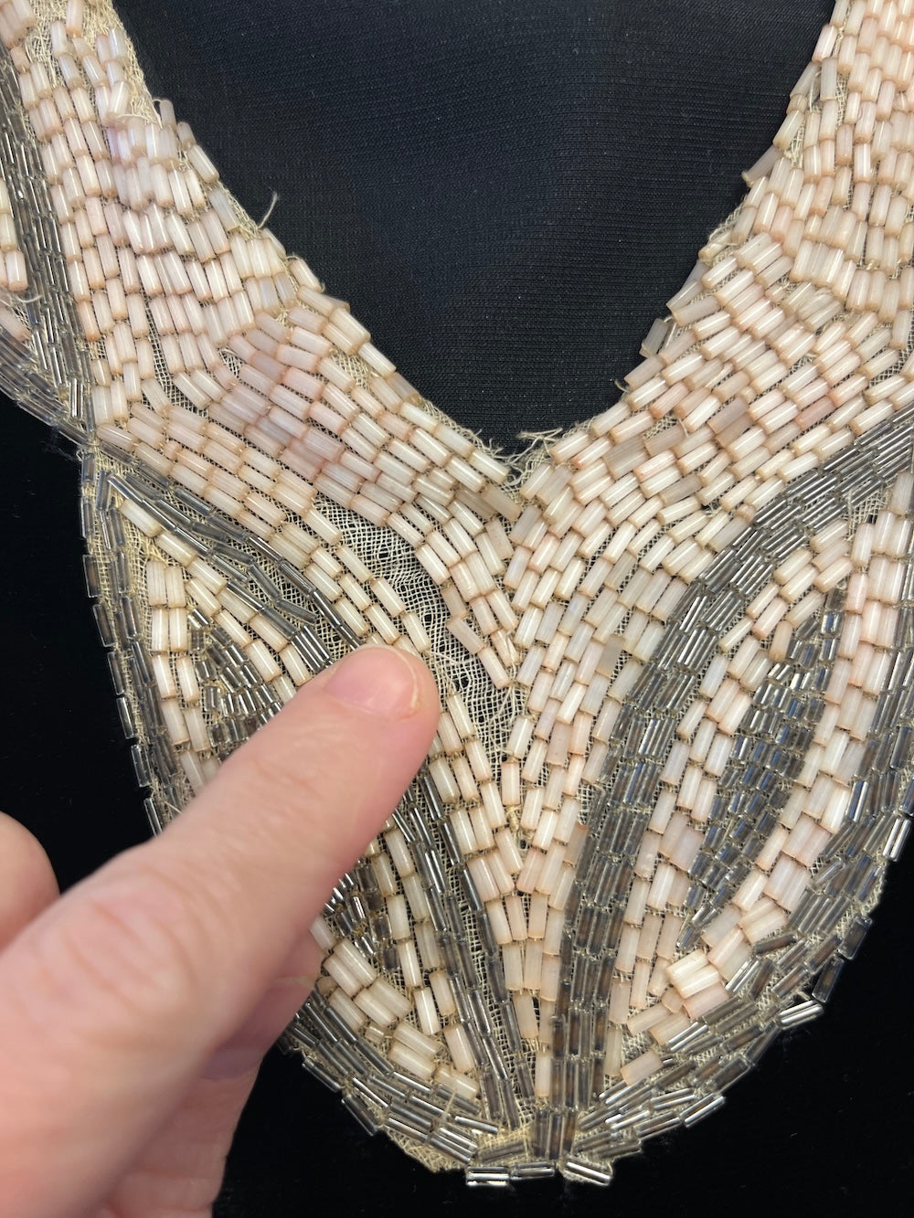 Antique Late 1920s Early 1930s Black Silk Velvet Dress with Beaded Neckline & Satin-Lined Bell Sleeves