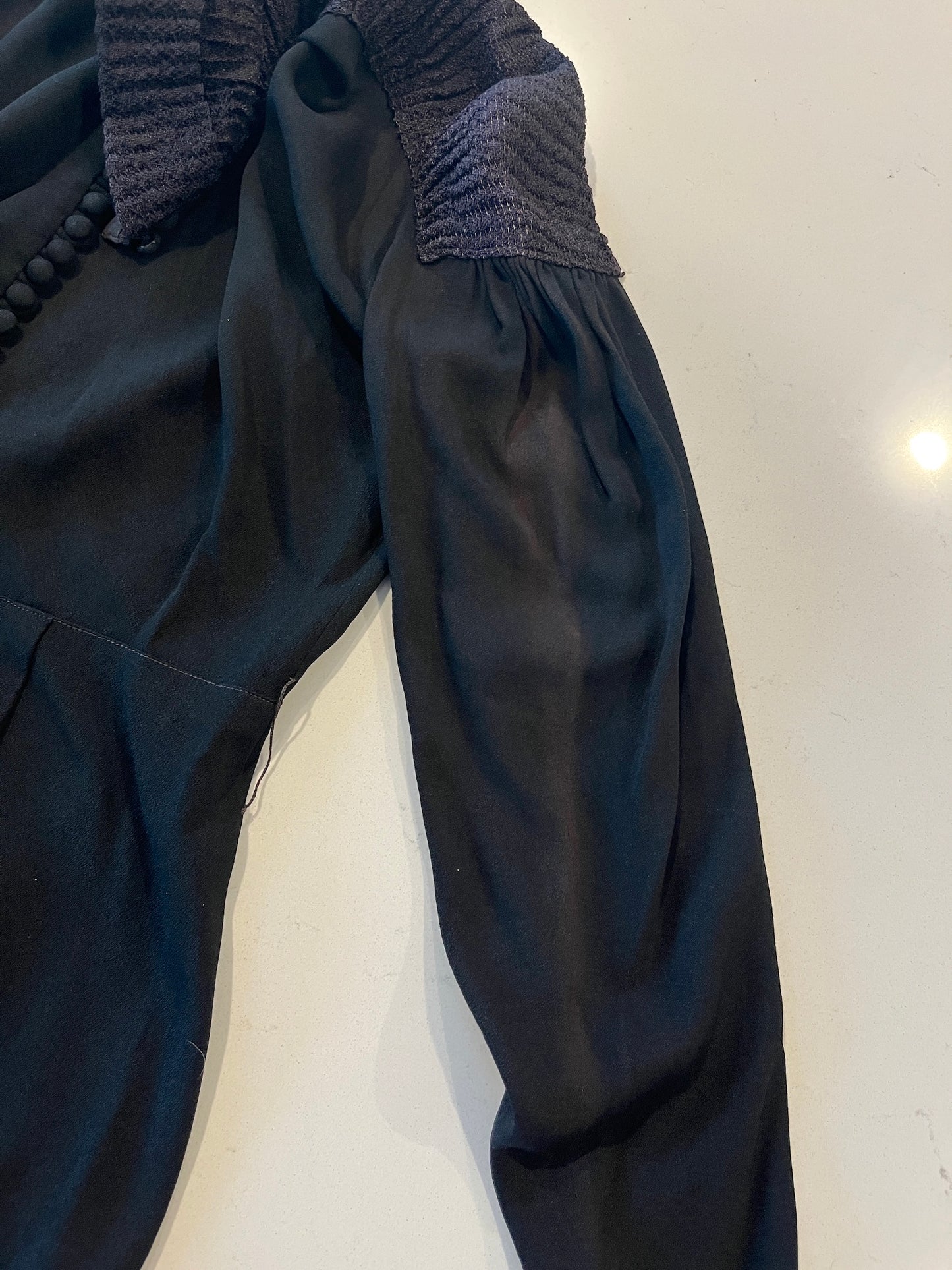 Vintage Late 1930s Black Rayon Two-Piece Ensemble | Deco Seamed Blouse with Shirred Knit Collar