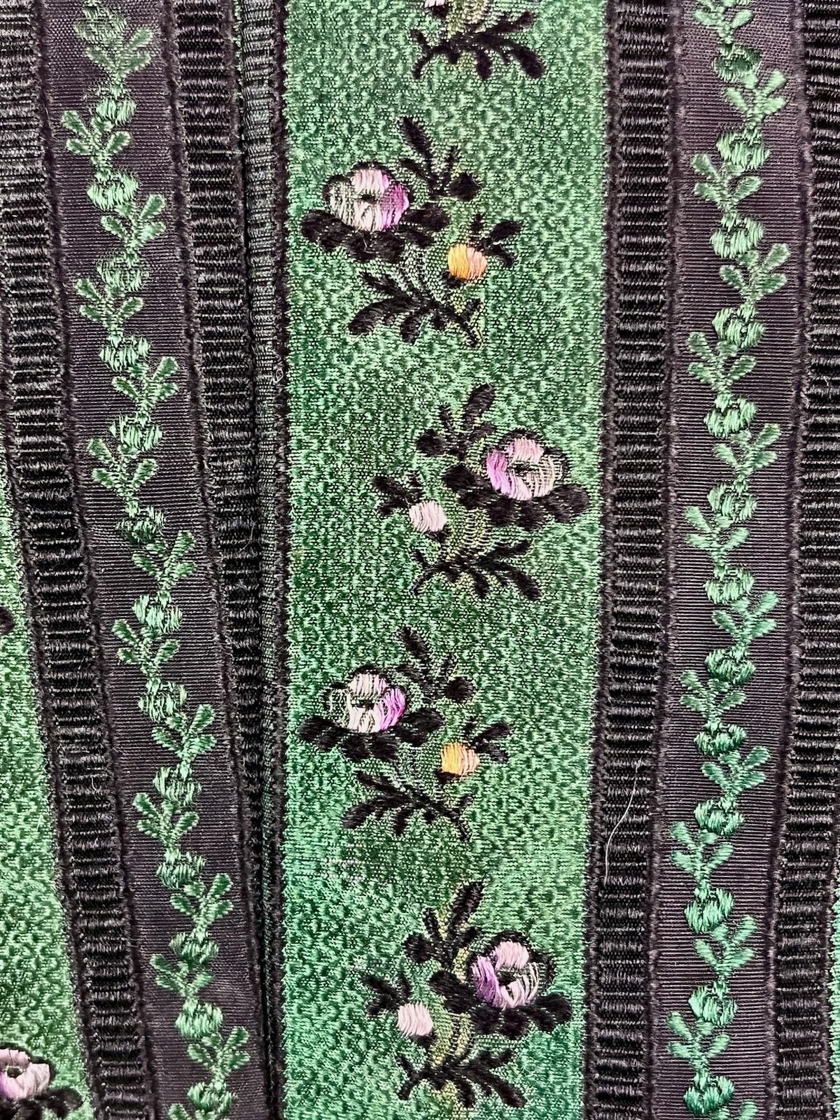 Exceptional Antique Victorian Polonaise Dress, 1870s–1880s, Emerald Green Figured Silk Bustle Gown, XXS