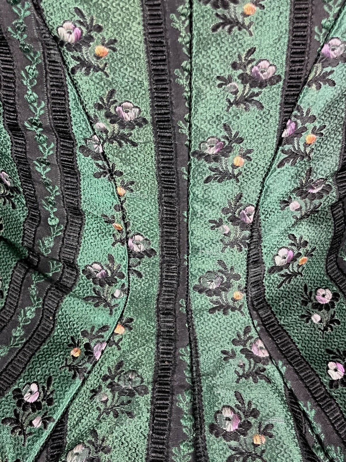 Exceptional Antique Victorian Polonaise Dress, 1870s–1880s, Emerald Green Figured Silk Bustle Gown, XXS