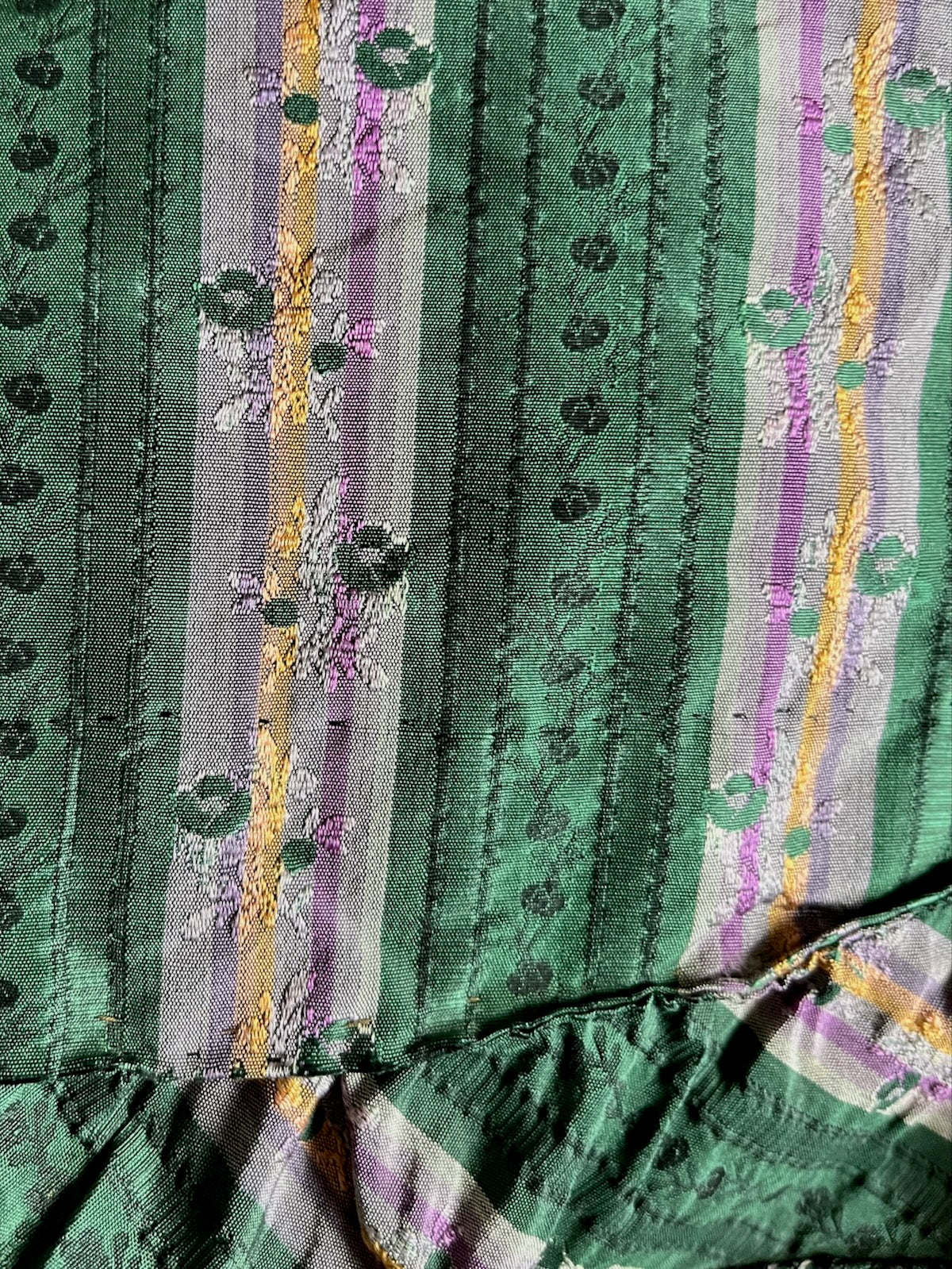 Exceptional Antique Victorian Polonaise Dress, 1870s–1880s, Emerald Green Figured Silk Bustle Gown, XXS