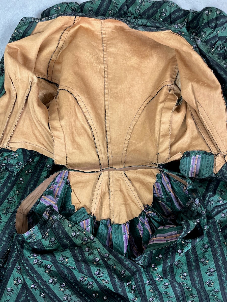 Exceptional Antique Victorian Polonaise Dress, 1870s–1880s, Emerald Green Figured Silk Bustle Gown, XXS