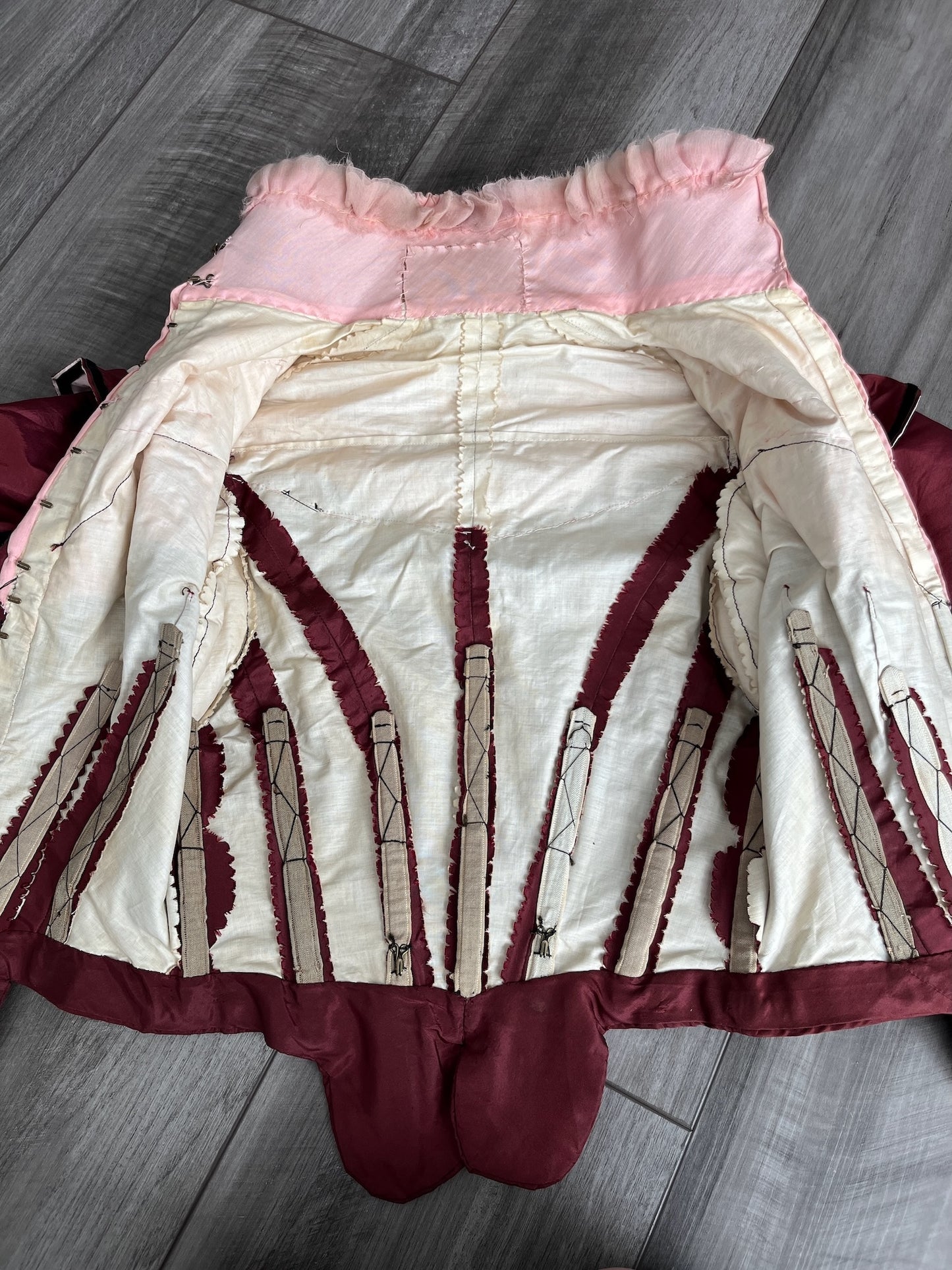Antique Late Victorian 1890s Wine Silk Taffeta Two-Piece Dress Set with Ruched Pink High Neck Yoke, XXS