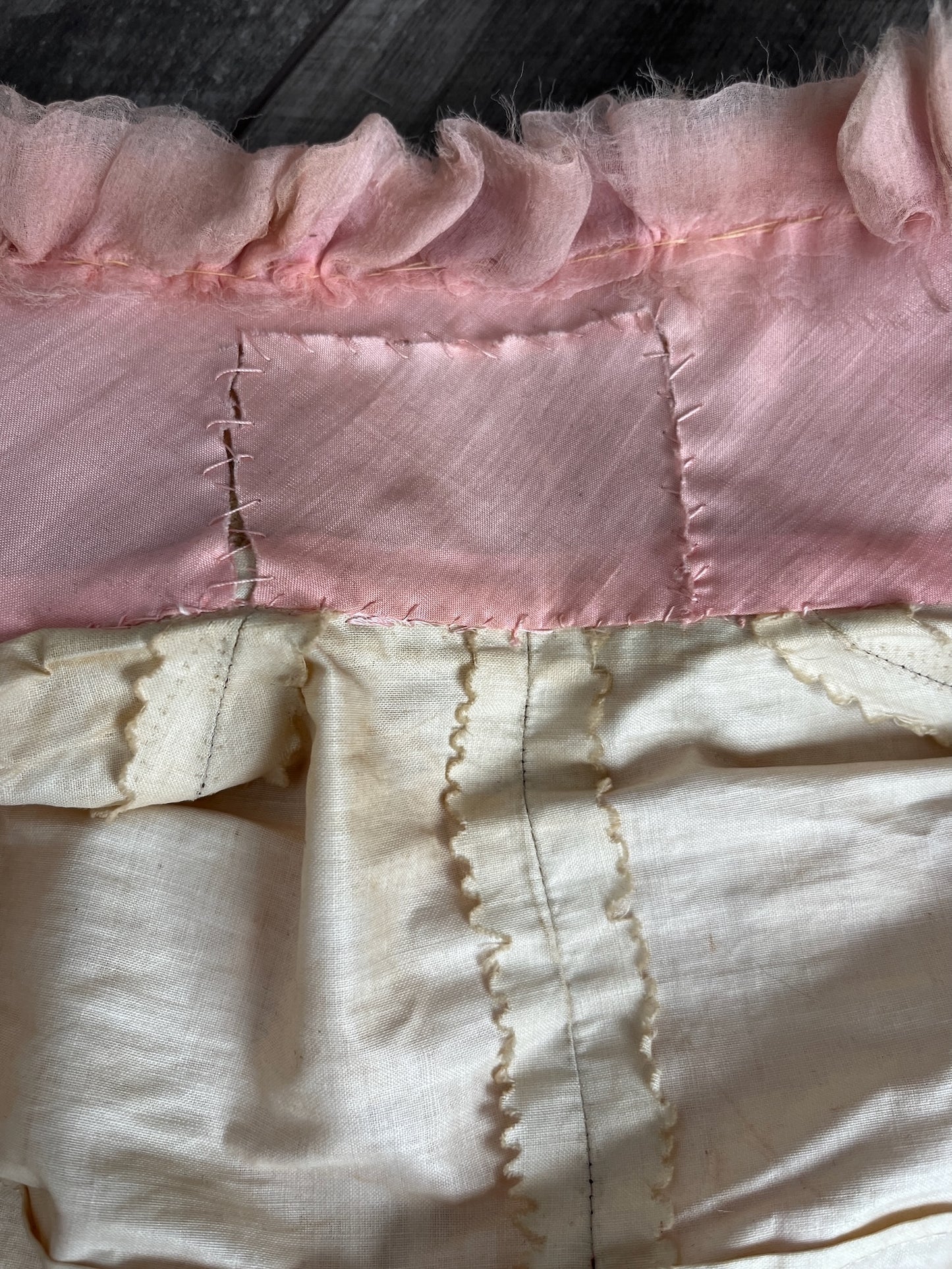 Antique Late Victorian 1890s Wine Silk Taffeta Two-Piece Dress Set with Ruched Pink High Neck Yoke, XXS