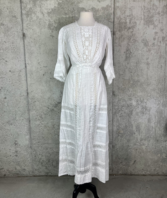 Antique Edwardian 1900s Spiderweb Drawnwork Lace Fine White Linen 2pc Dress Set, M - M/L