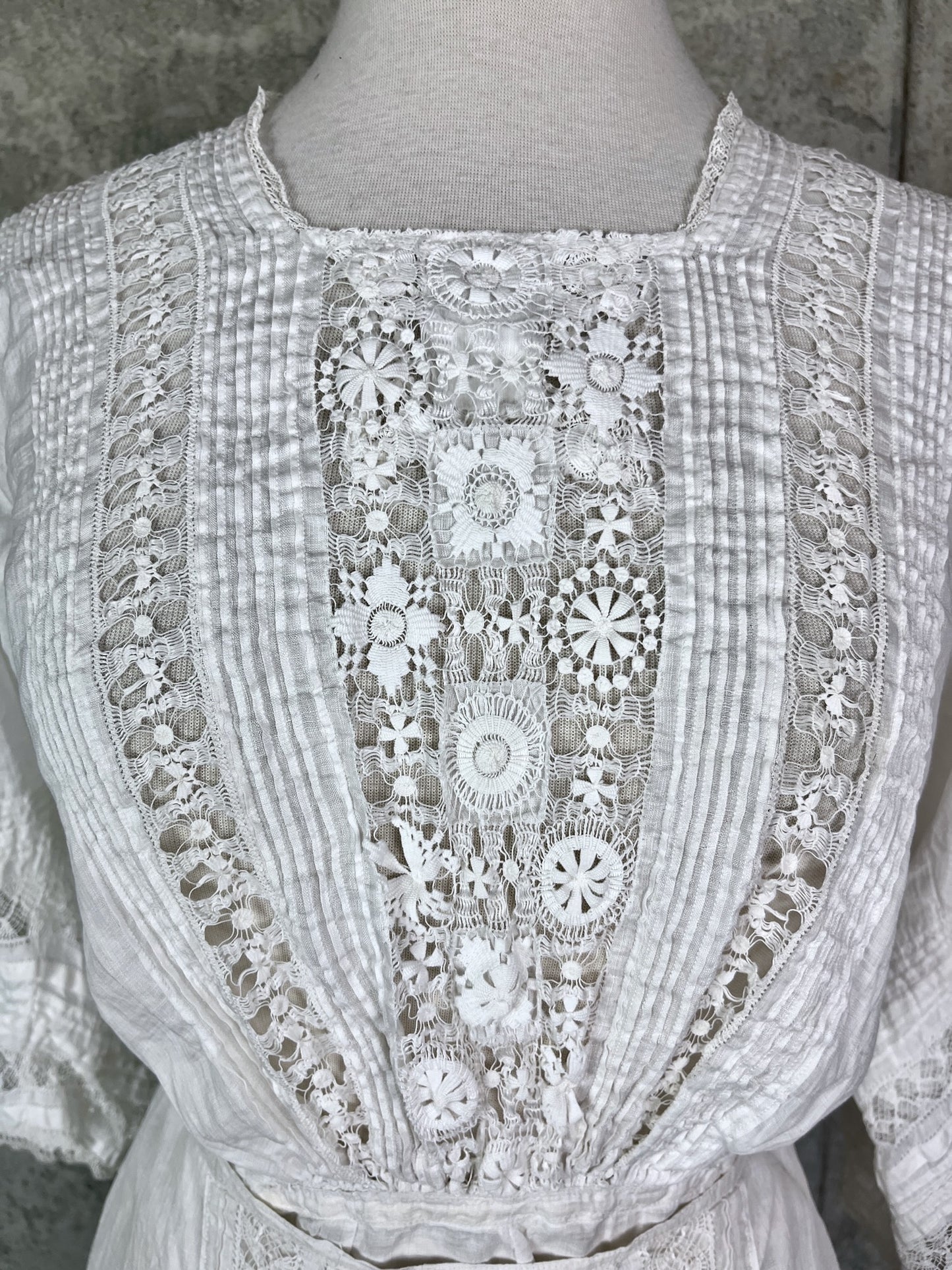 Antique Edwardian 1900s Spiderweb Drawnwork Lace Fine White Linen 2pc Dress Set, M - M/L