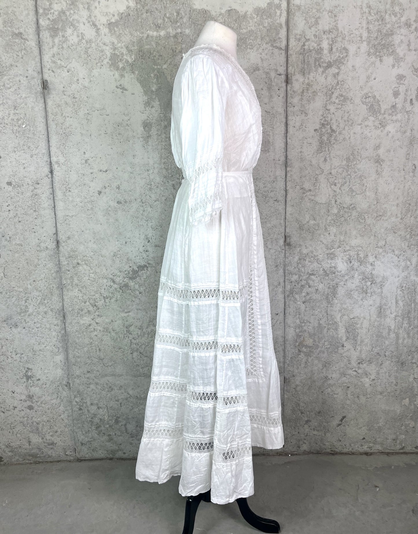 Antique Edwardian 1900s Spiderweb Drawnwork Lace Fine White Linen 2pc Dress Set, M - M/L