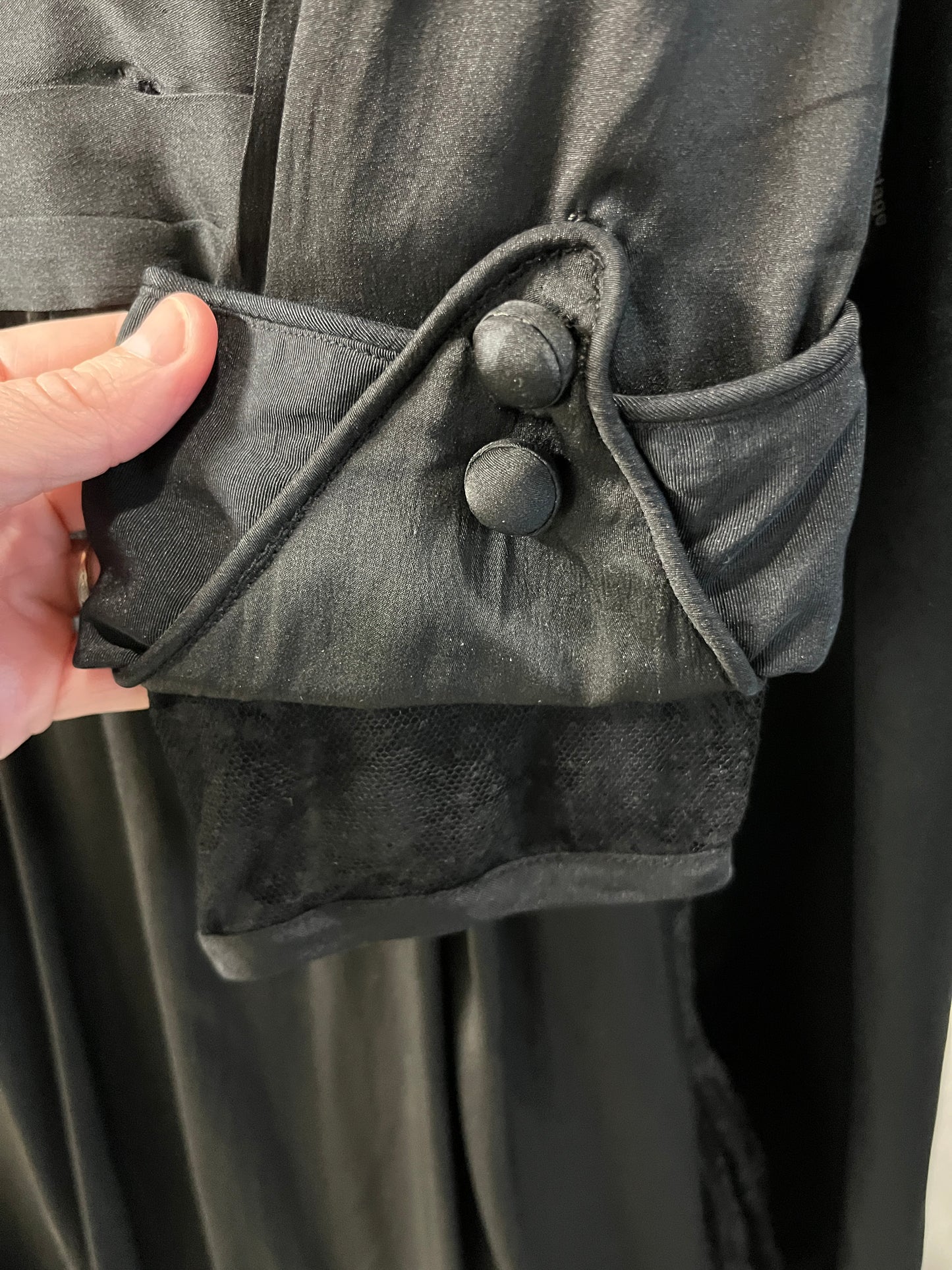 Antique Edwardian Early 1910s Black Silk Gown, Fluid Draped Skirt, Hobble-Era Influence, Small