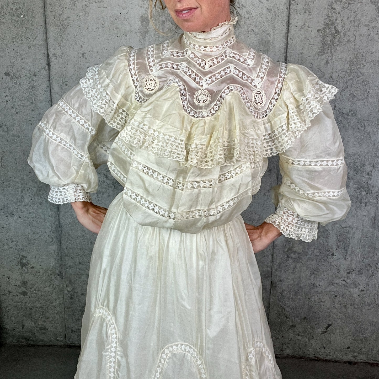 Antique c. 1900 Ivory Silk & Insertion Lace Gibson Girl Two-Piece Dress Set — Museum Quality