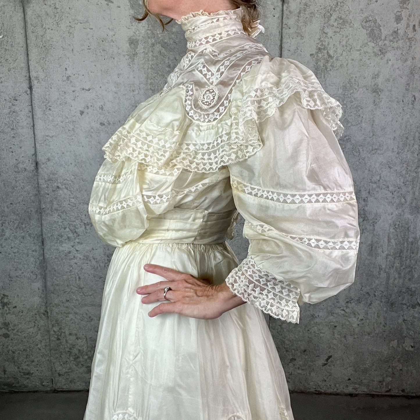 Antique c. 1900 Ivory Silk & Insertion Lace Gibson Girl Two-Piece Dress Set — Museum Quality