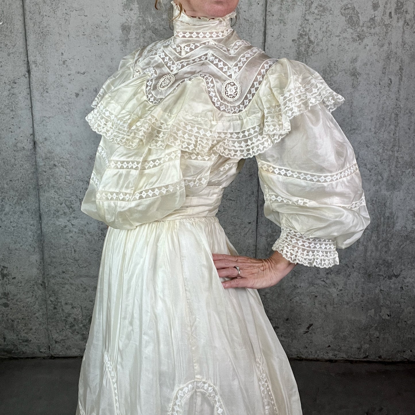 Antique c. 1900 Ivory Silk & Insertion Lace Gibson Girl Two-Piece Dress Set — Museum Quality